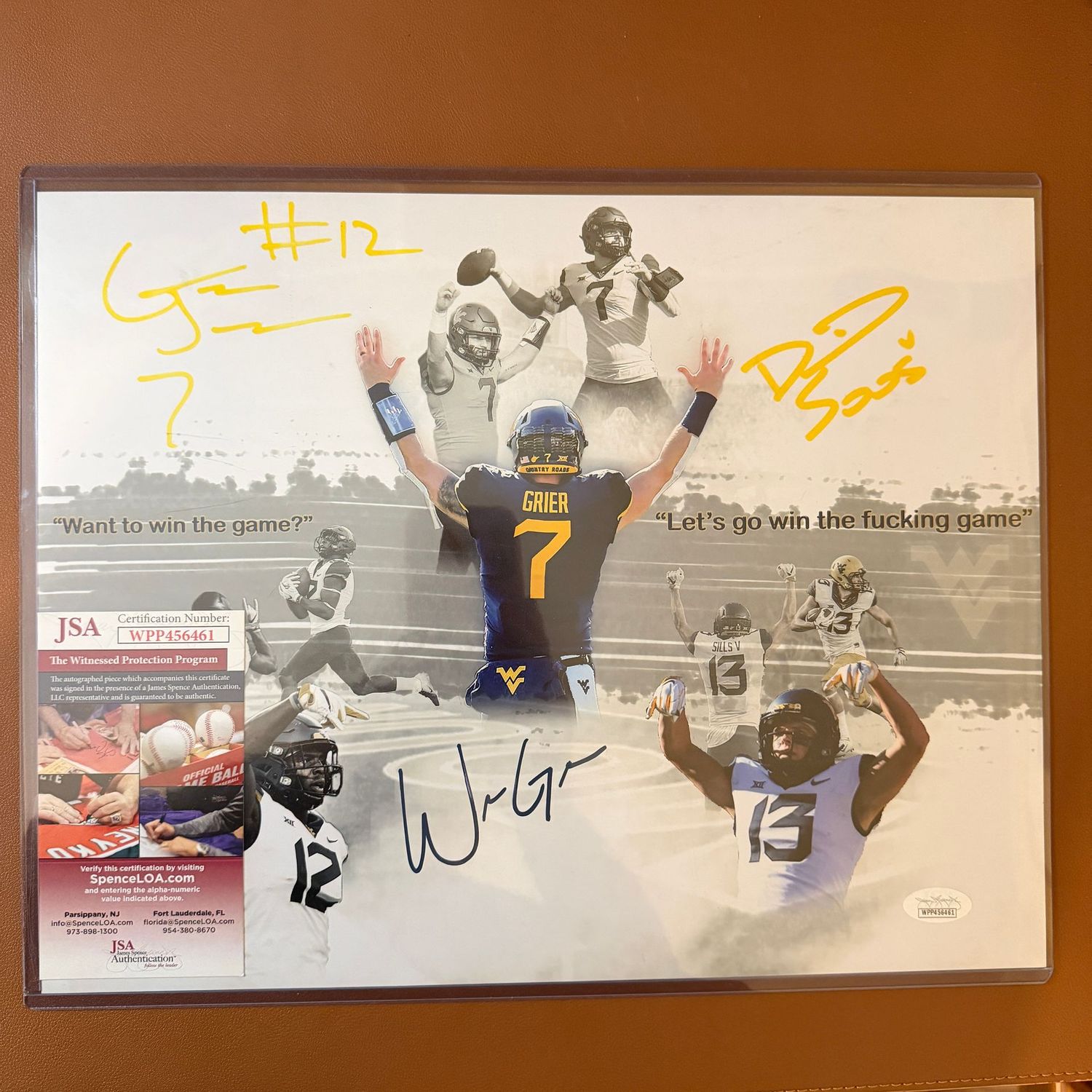 Autographed 11x14 #86 tripple-signed Gary Jennings, David Sills, & Will Grier, JSA certified