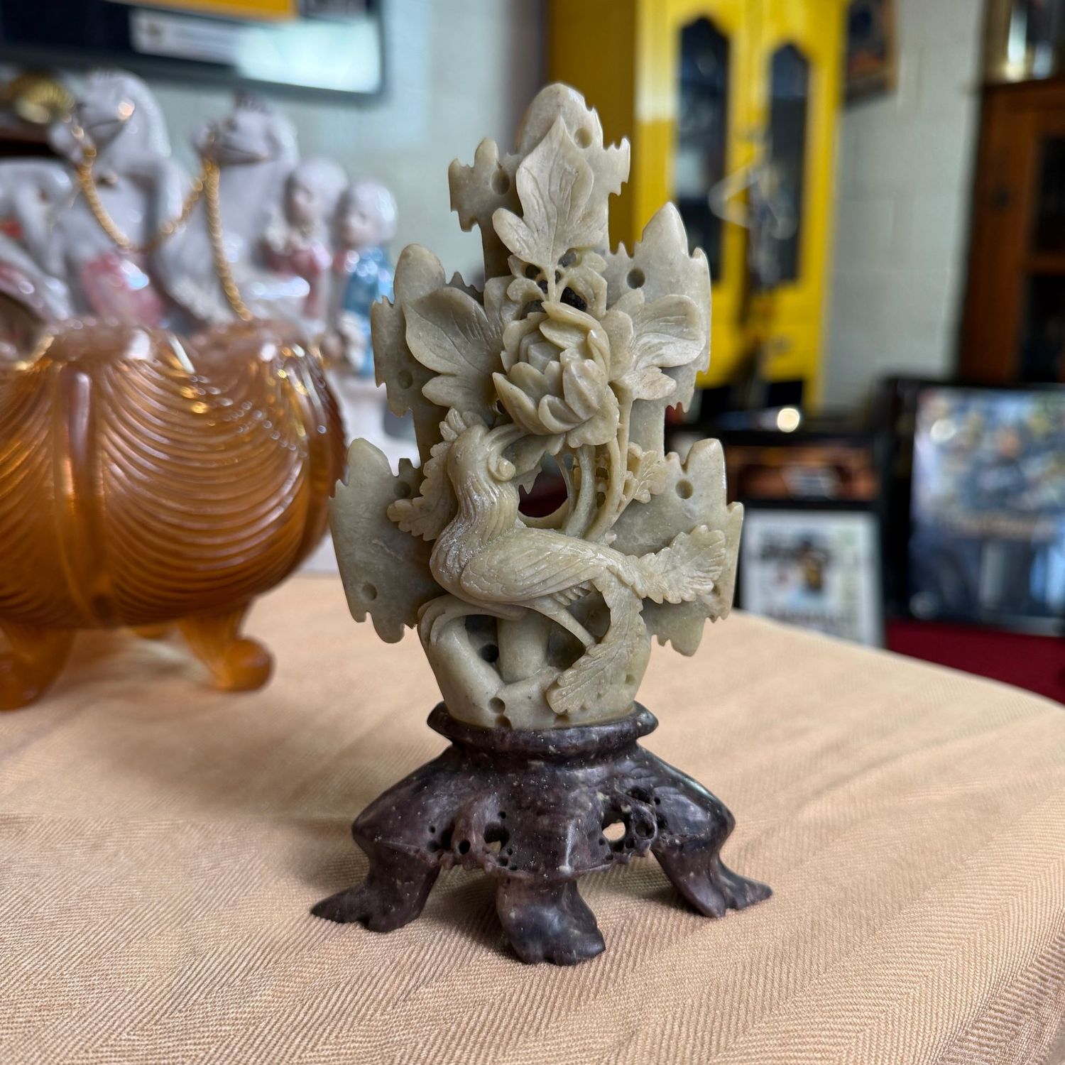 Carved soapstone phoenix bird and flowers, 6.5"H