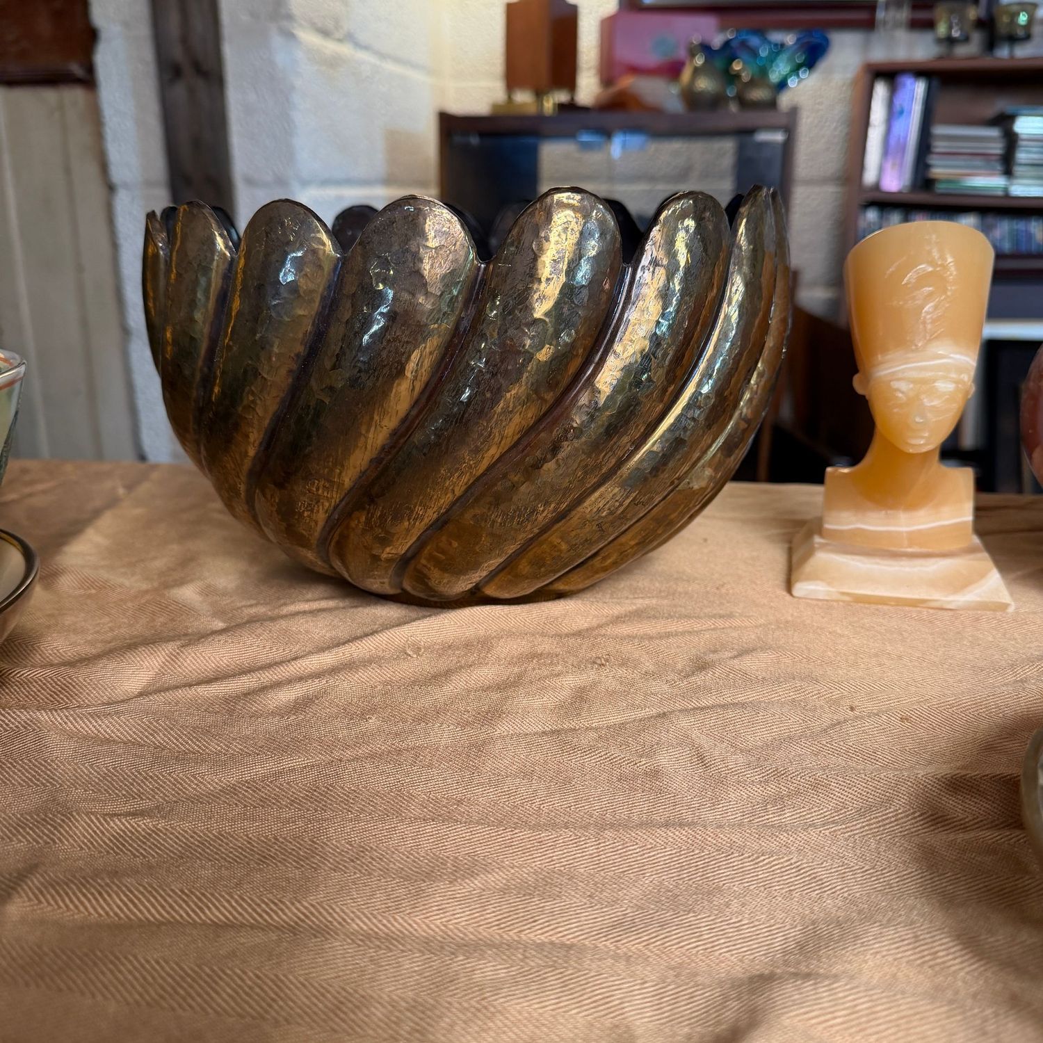 Hammered brass swirl centerpiece bowl, 5"H x 10"W