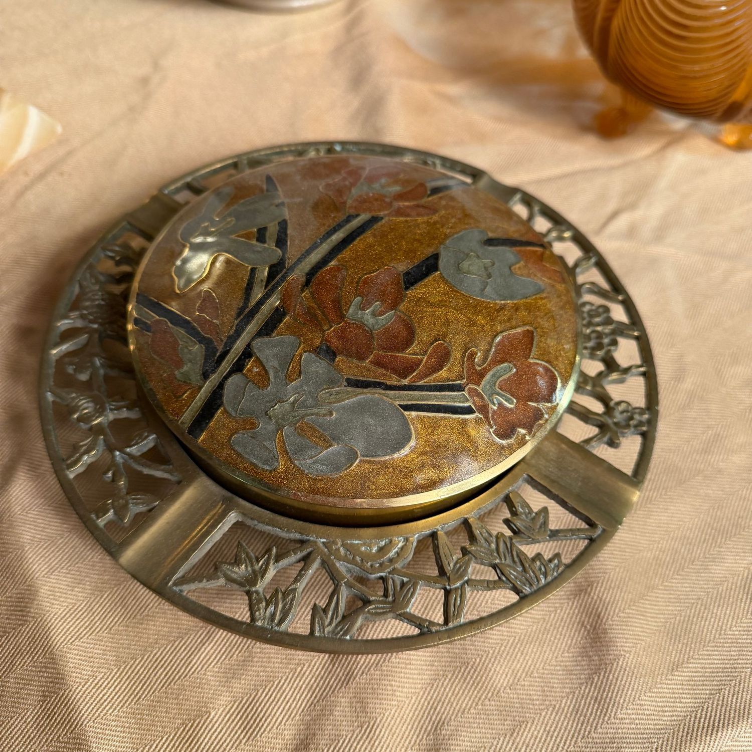 Floral brass ashtray/dish, brass box insert with enameled lid, 7"W