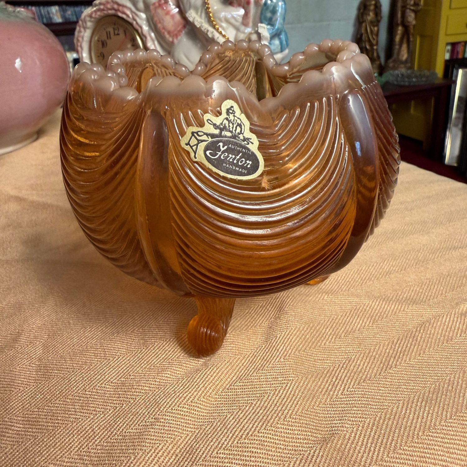 Vintage Fenton Glass opalescent amber draped rose bowl, 4"H