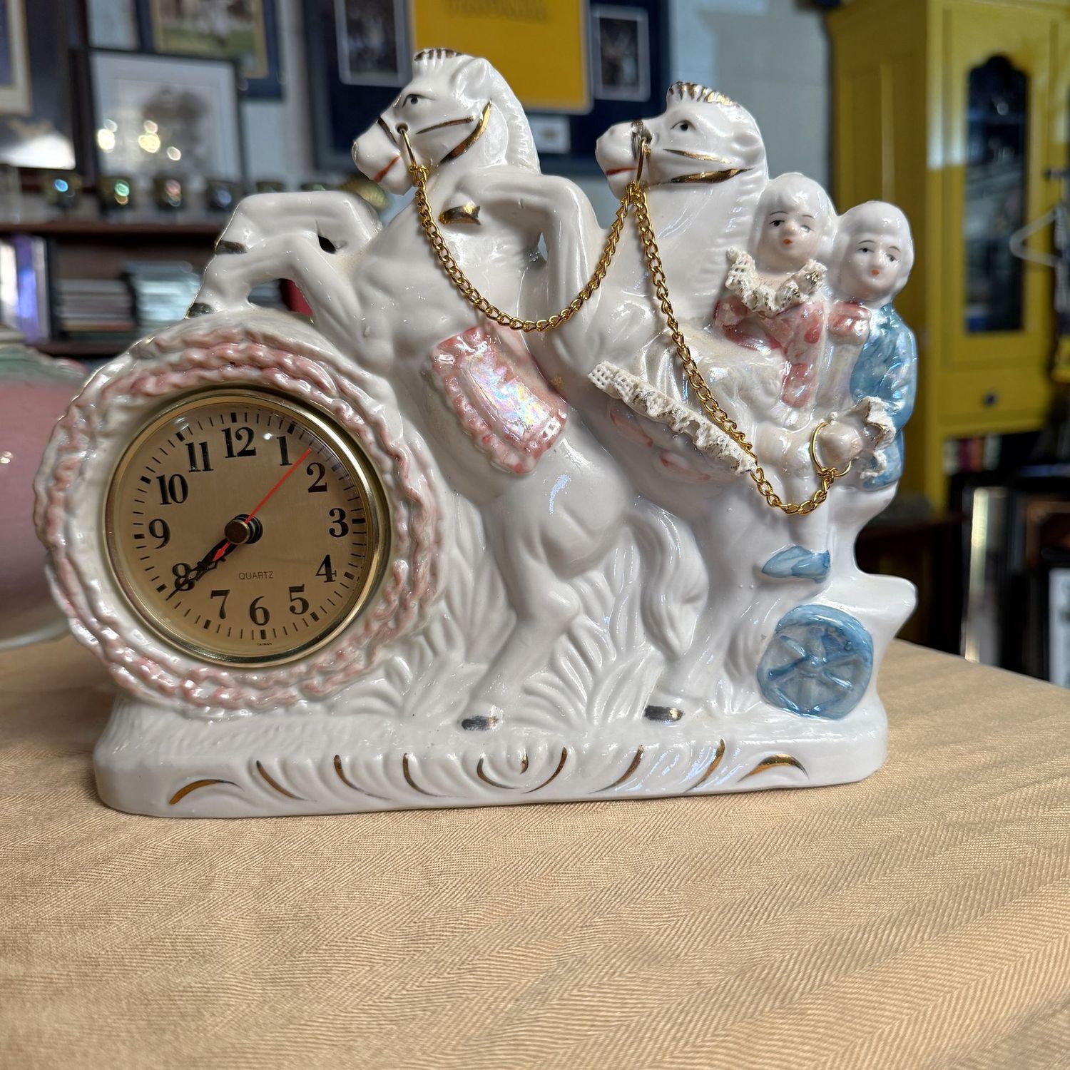 Ceramic carriage clock, battery-operated, 7"H x 13"W