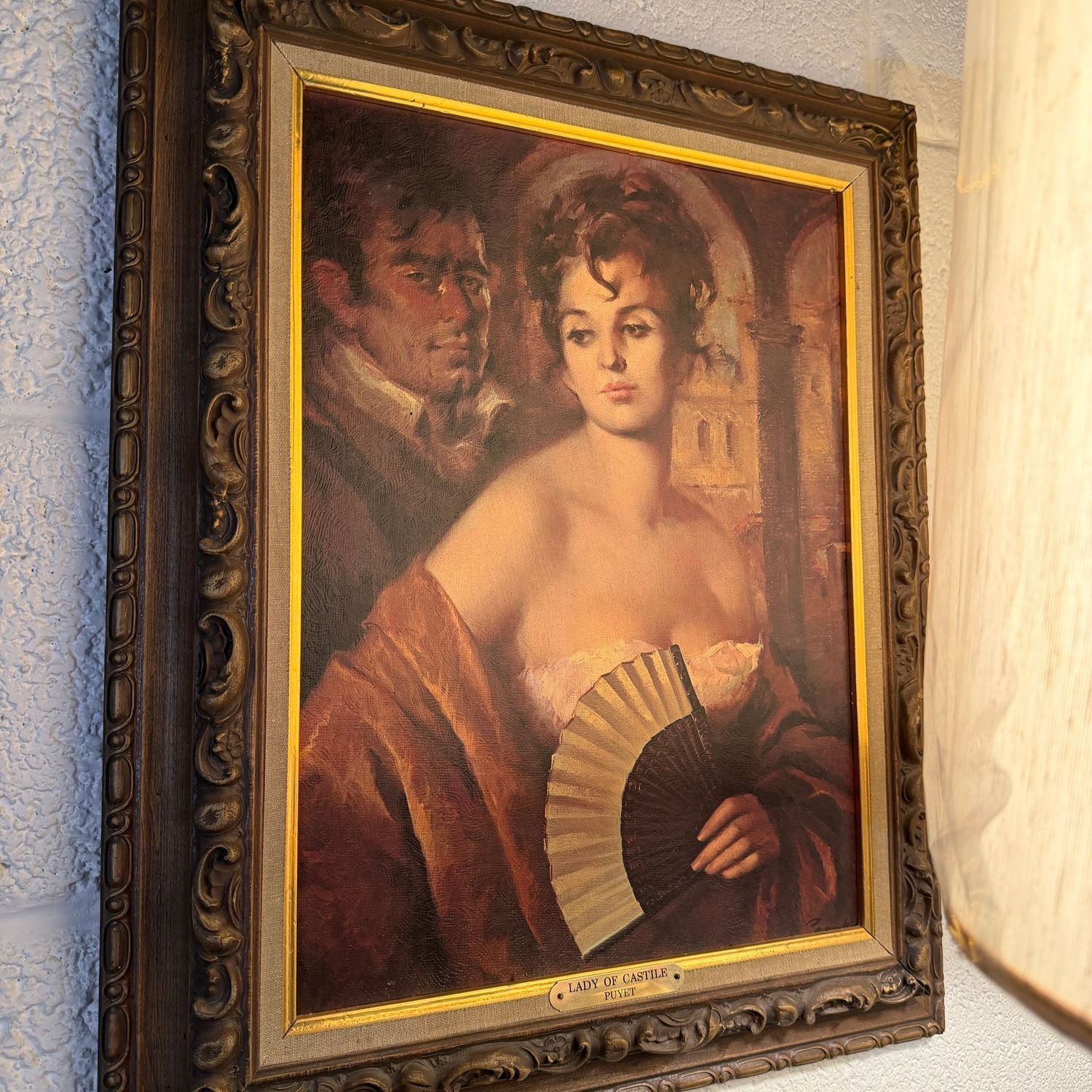 Vintage Lady of Castle lithograph by Puet in an ornate plastic frame, 21" x 17"