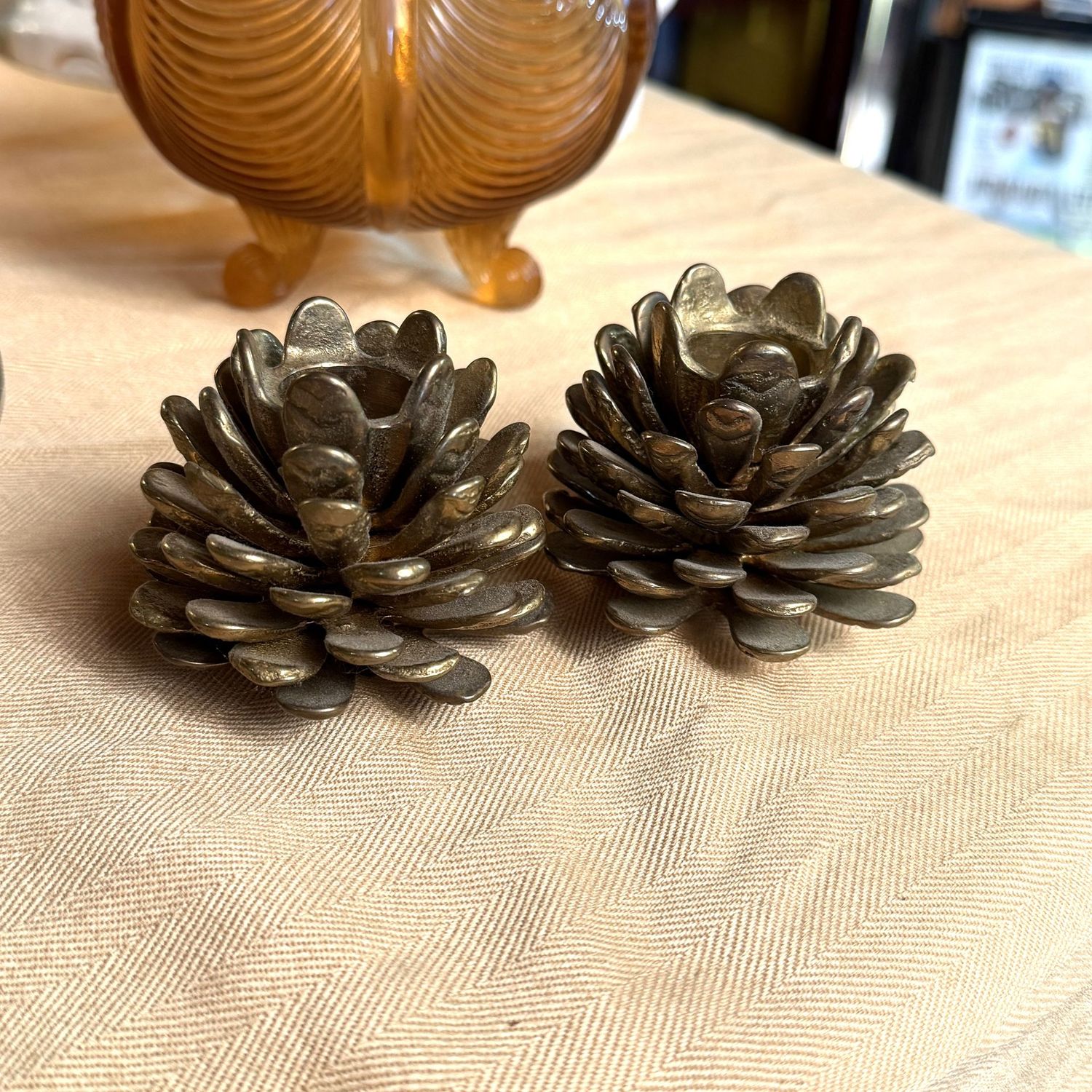 Pair of brass pinecone candle holders, 2.5"H