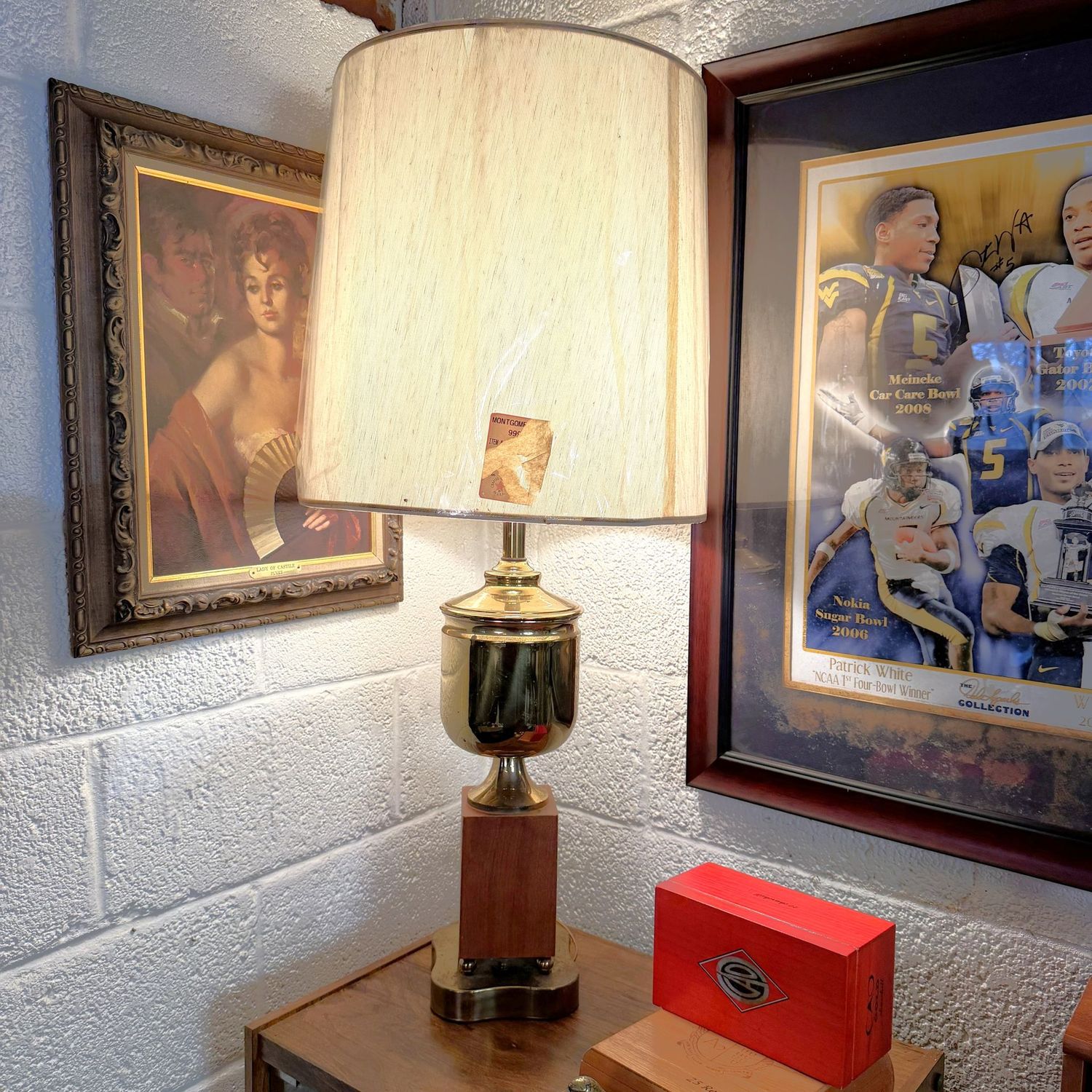 Vintage brass table lamp with wood block body, shows some spots and wear to the lamp and shade, 40"H