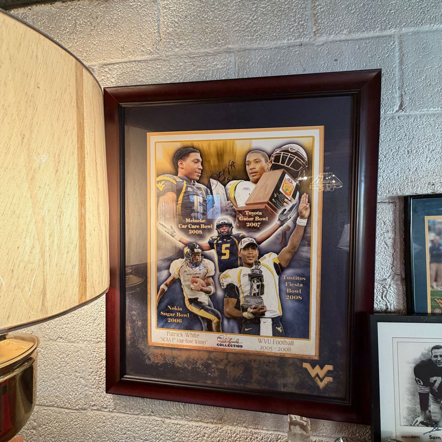 Large signed Patrick White print in wood frame, does show some moisture damage, appears to be mostly cleanable but is behind the plexiglass, 34" x 27"