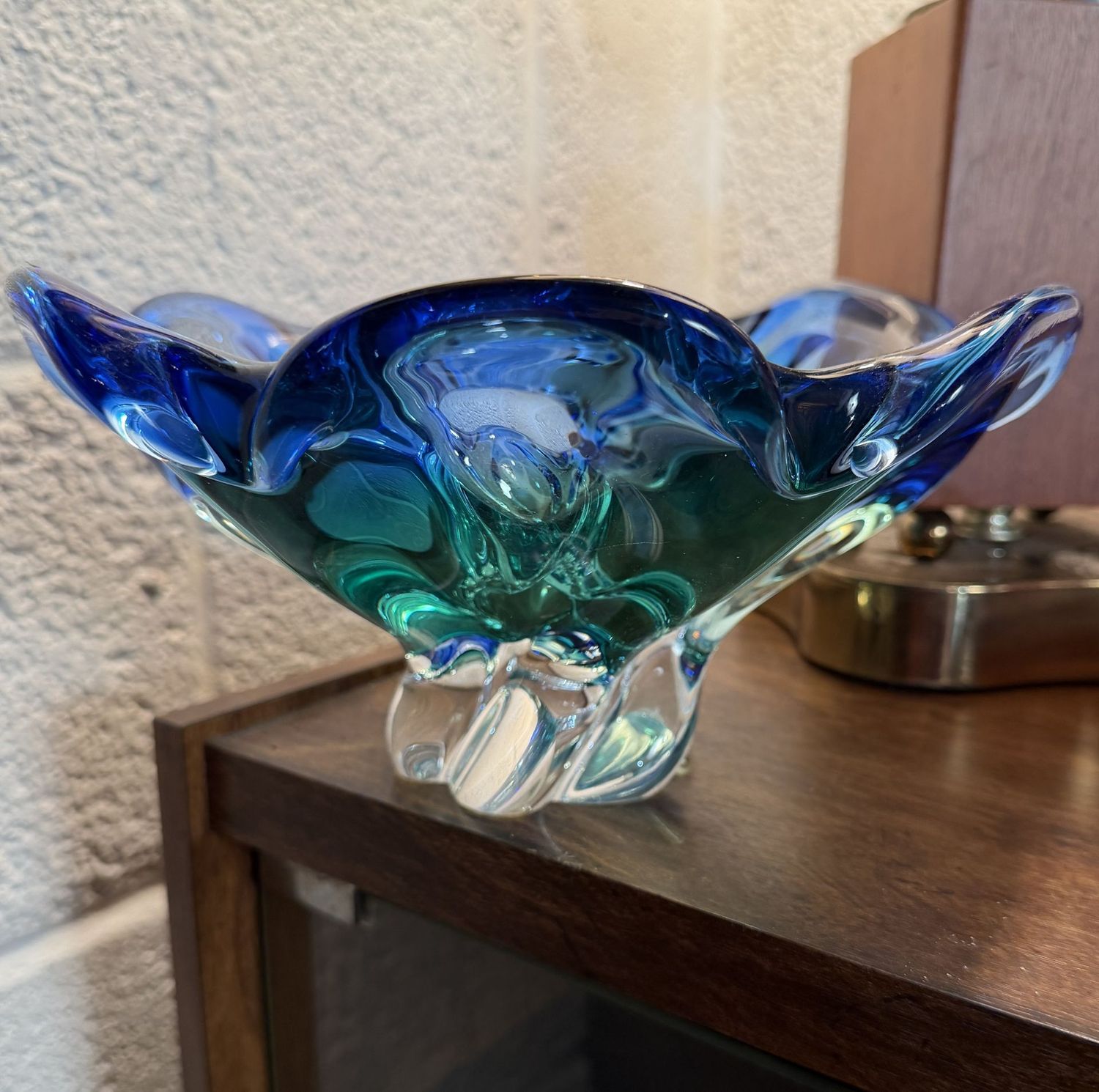 Murano-style art glass bowl in blue and teal with a clear base (LL), 4"H x 9"W