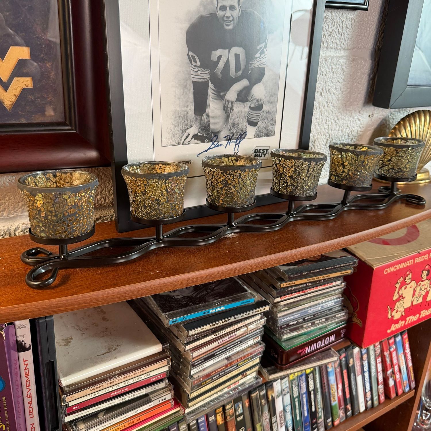 Six-cup votive holder with black metal base (new) 3.5"H x 22"L