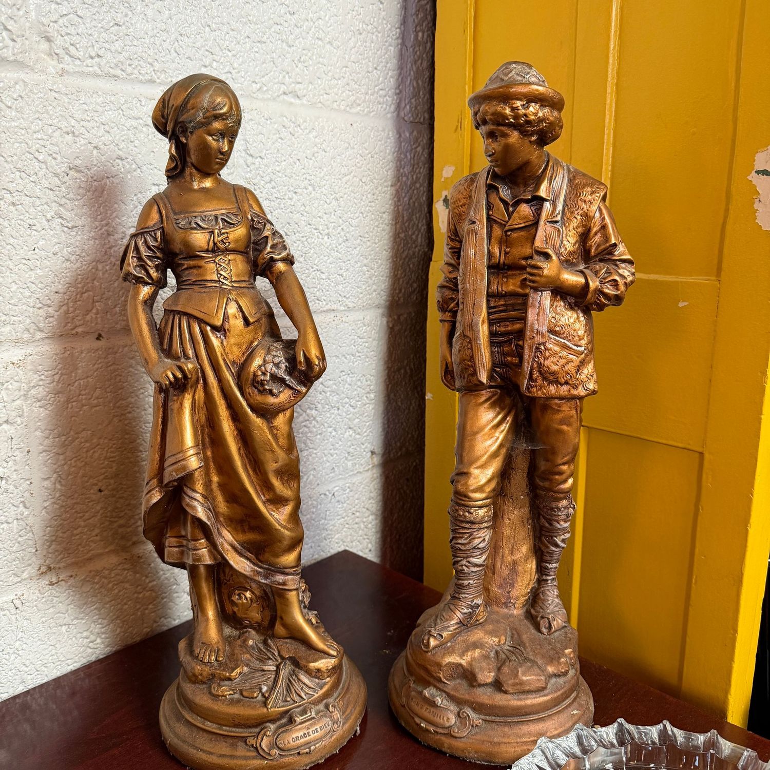 Large ceramic/plaster statues, La Grace de Dieu & Sans Famille, bronze finish, 20"H