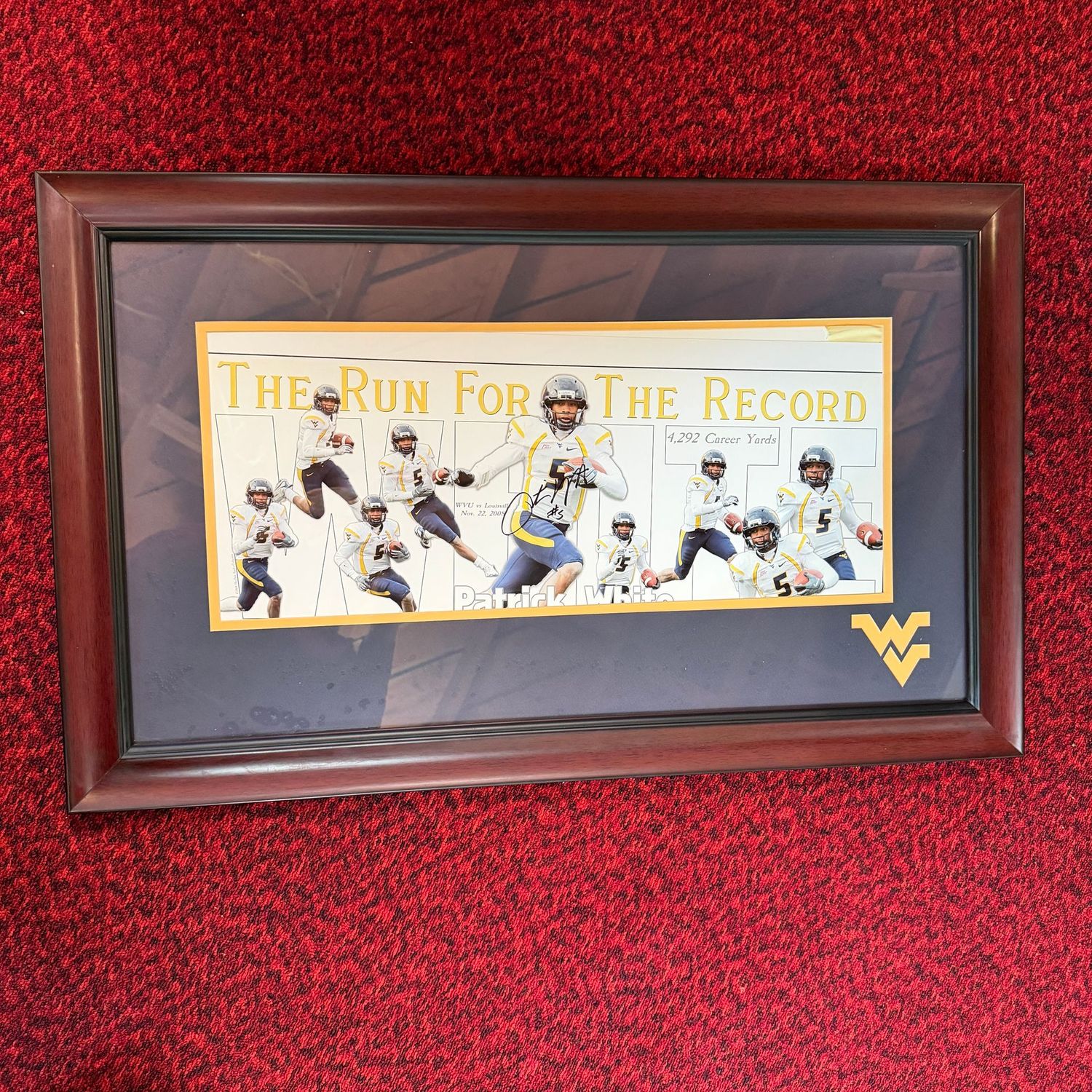 Signed Patrick White Run for the Record (needs slight adjustment under matting) wood frame, plexiglass, 20" x 34"