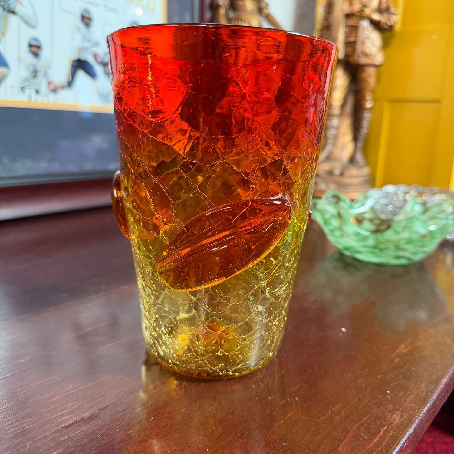 Blenko Glass crackle amberina leaf wide-mouth vase, 7"H