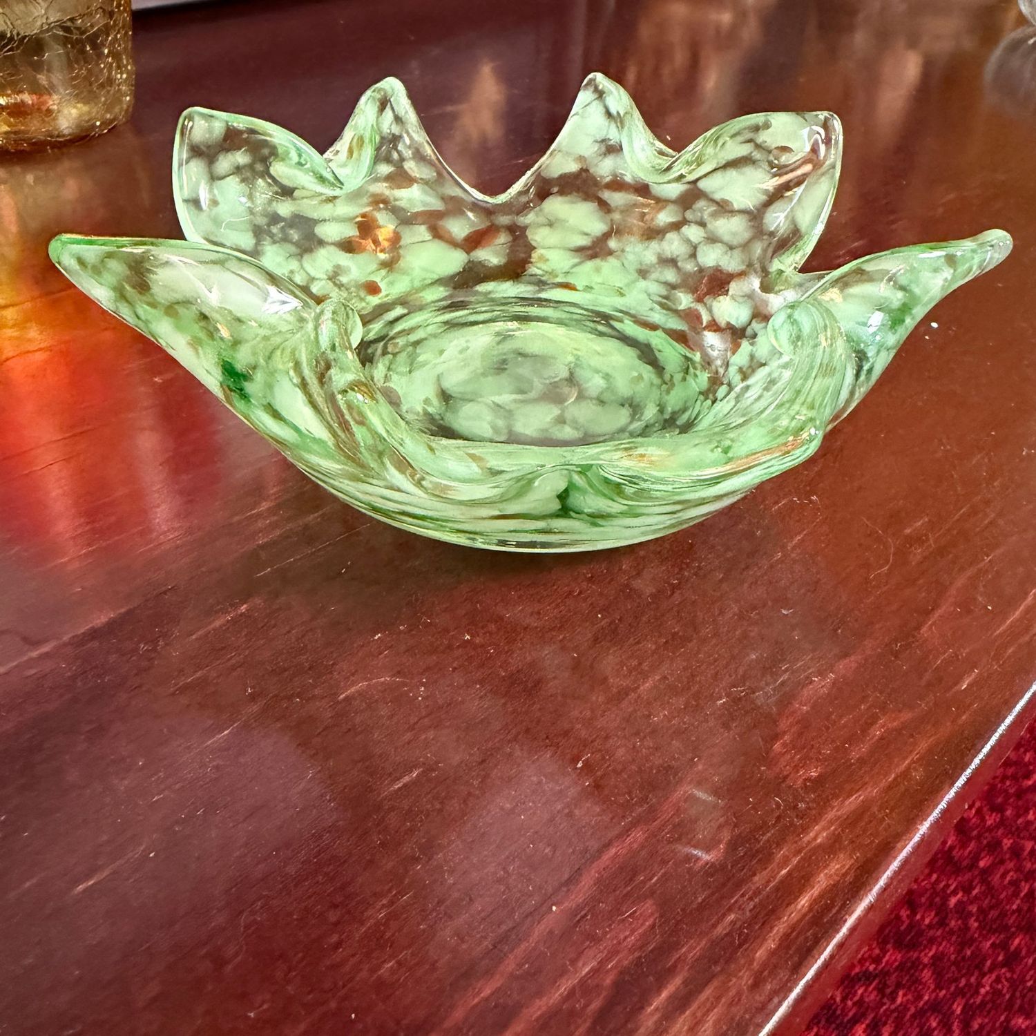 Murano speckled green and copper dish with pulled edges, 6.5"W
