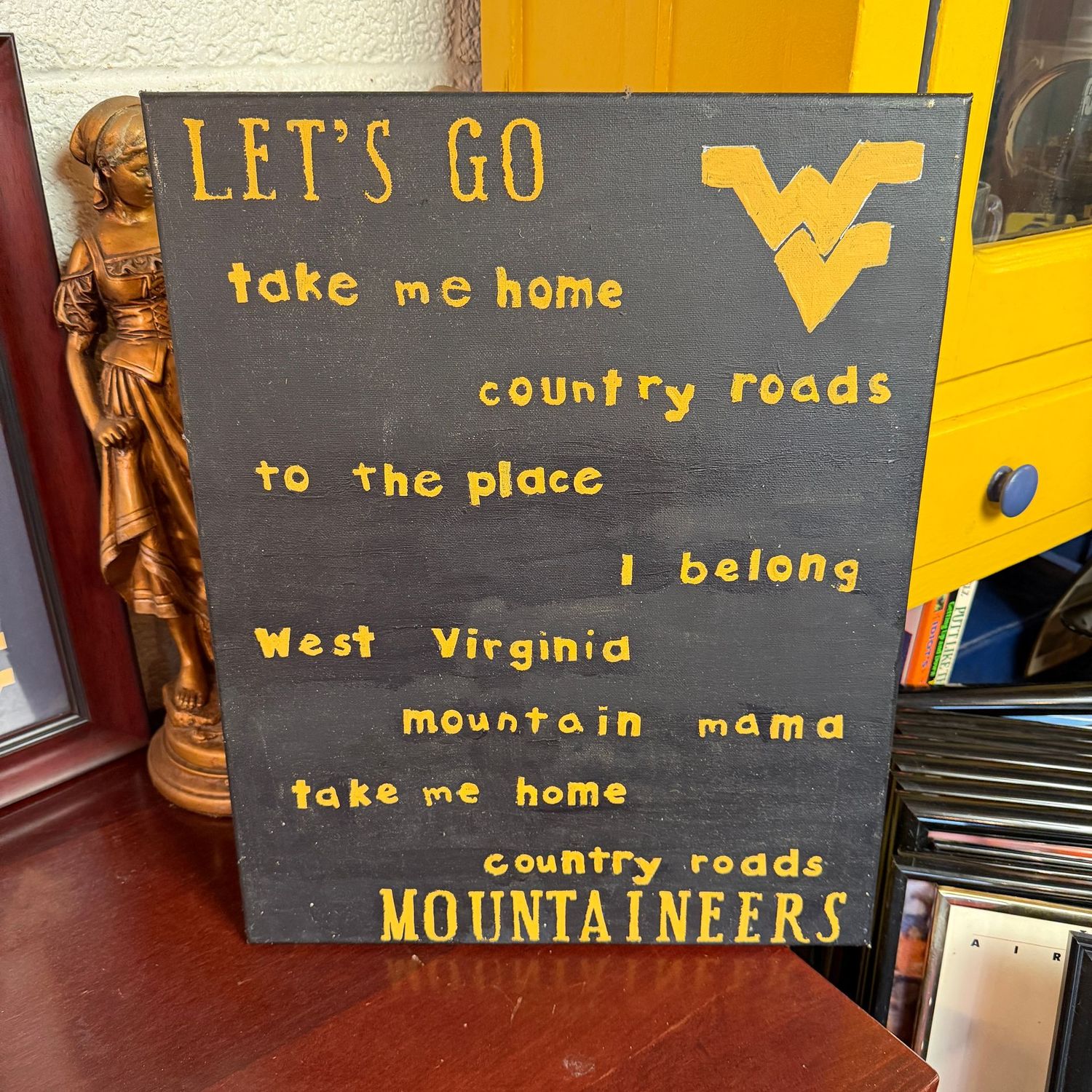 Hand-painted WVU Mountaineers Country Roads on canvas, 20" x 16"