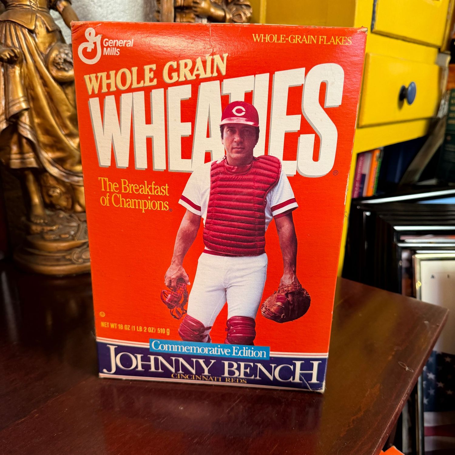 Box of General Mills Johnny Bench Wheaties, empty