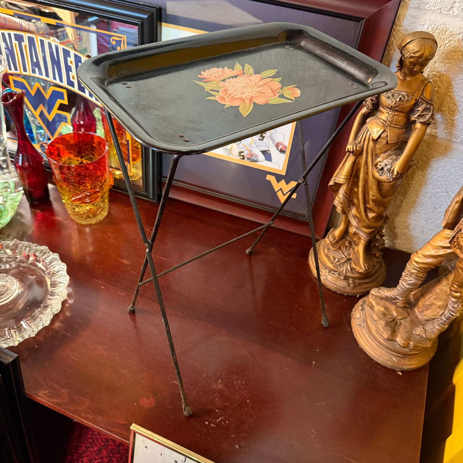 Vintage small black metal folding drink tray with floral decal, 18"H x 9"W x 14"L