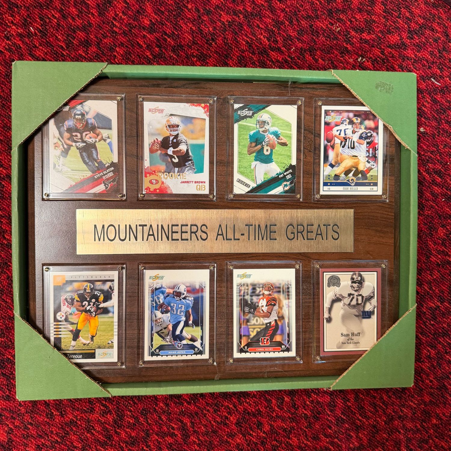 Mountaineers All-Time Greats football collector cards on a plaque, 14"W