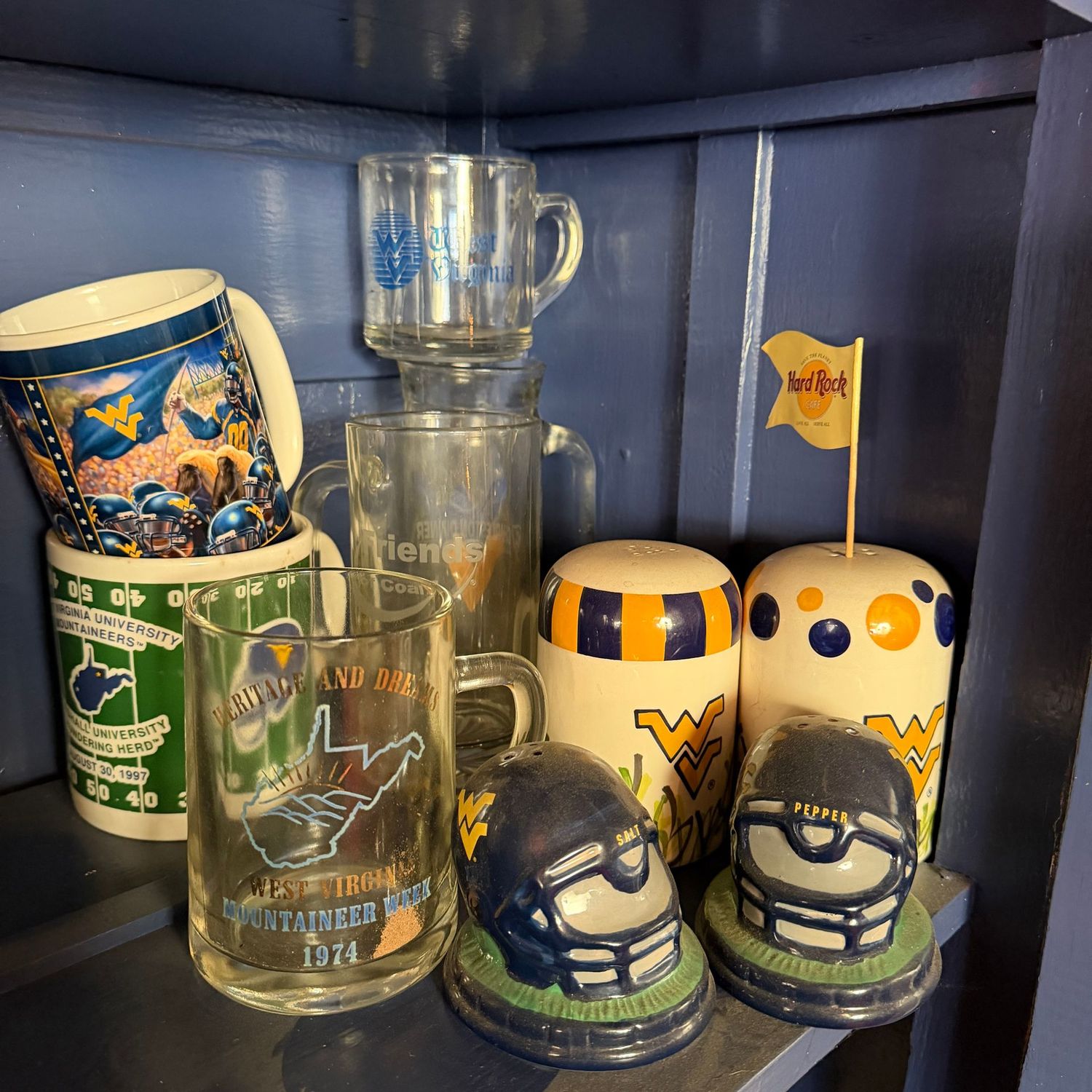 Group of WVU mugs, ceramic salt & pepper shakers