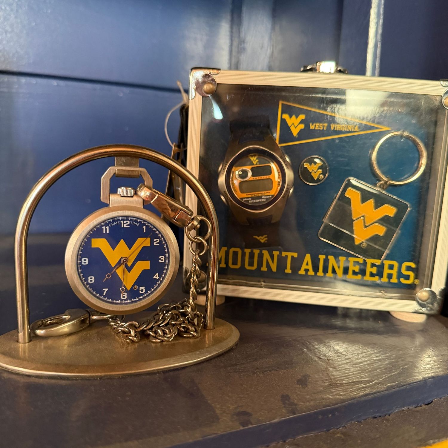 WVU Game Time pocket watch with stand, Mountaineers watch/lapel pin, key ring set