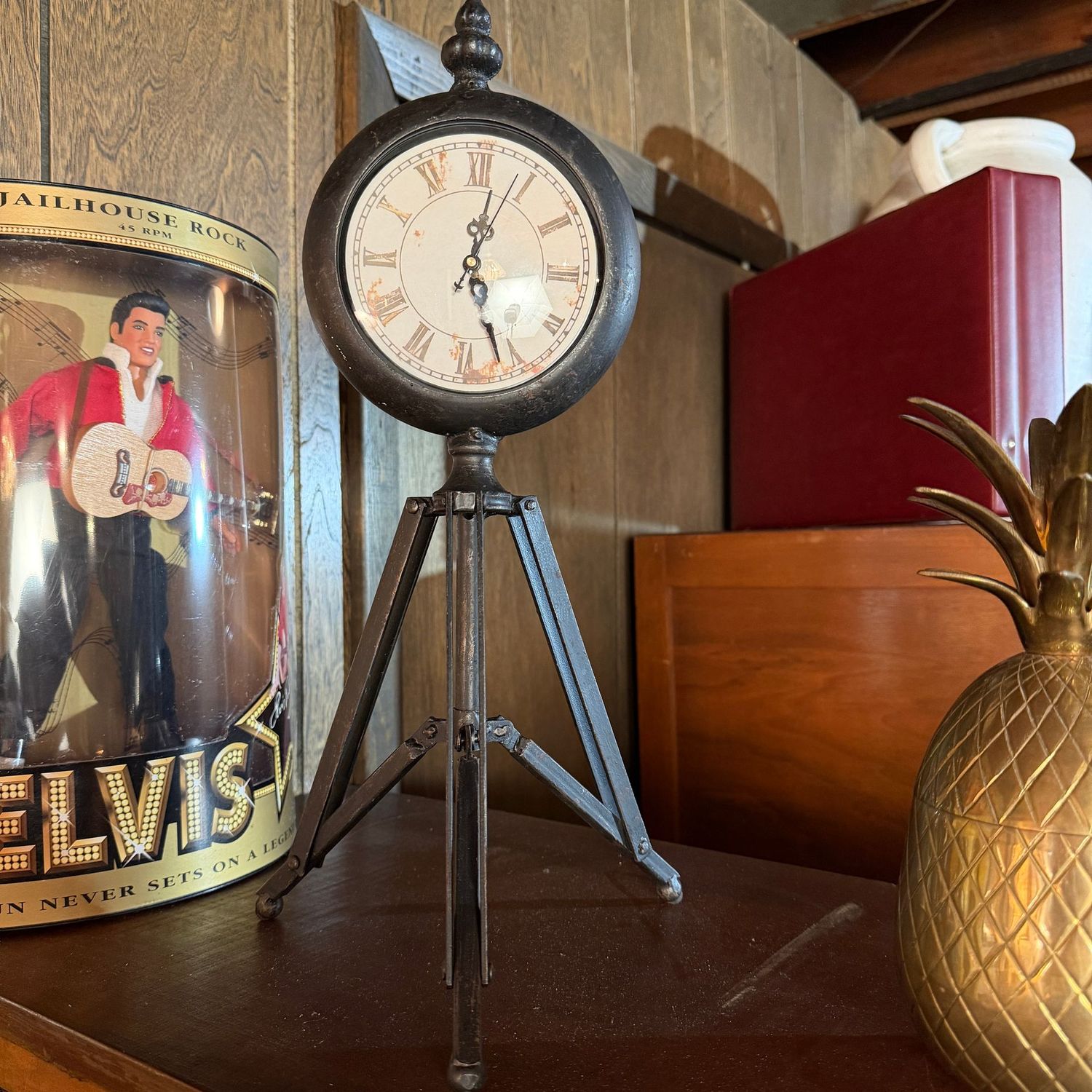 Tall clock on tripod, battery-operated, appears unused, 18"H