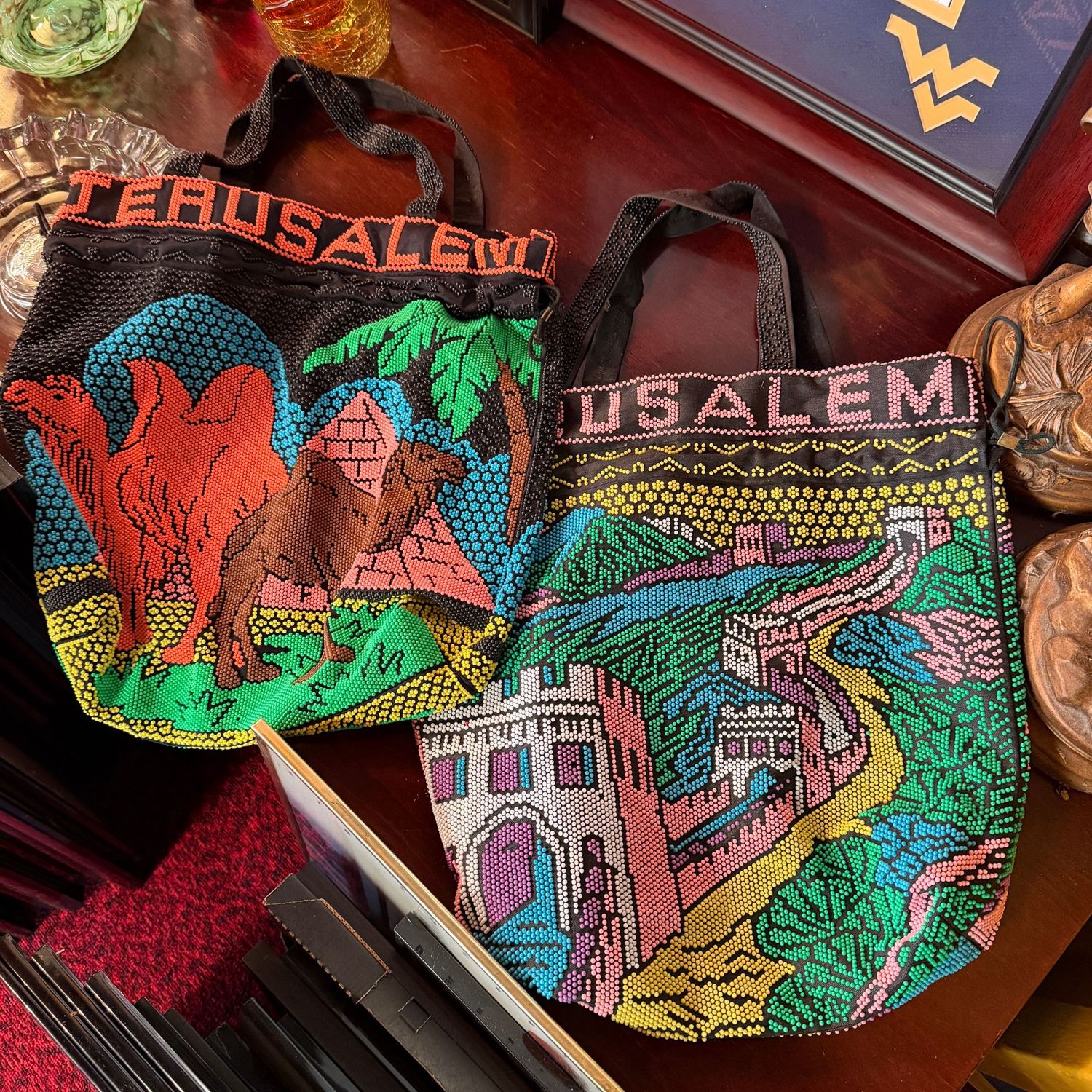 Two beaded (appear glued) Jerusalem tote bags with drawstring closure, 14"H x 13"W