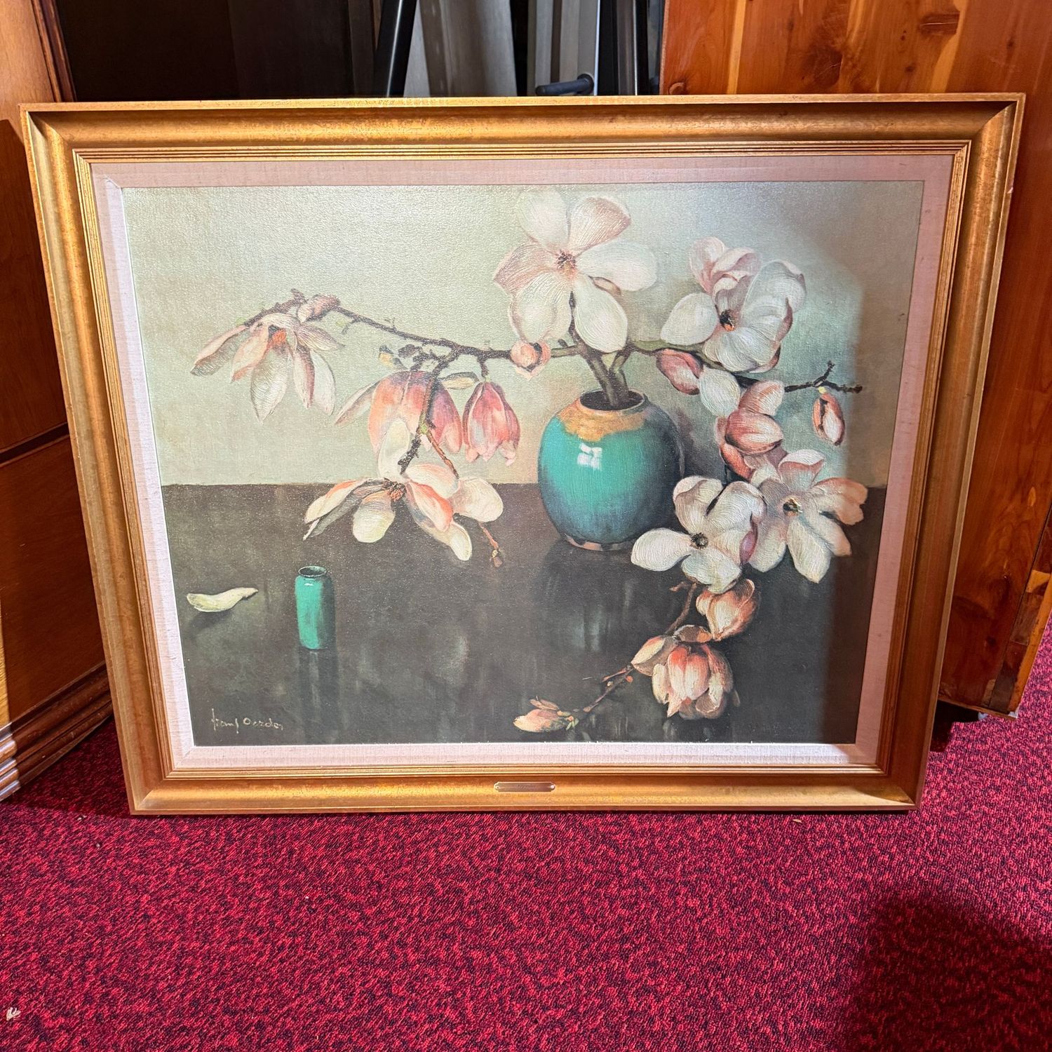 Large 'Magnolias' still-life print on canvas by the Dutch-born South African artist Frans Oerder (1867-1944), needs some cleaning, 38" x 34"