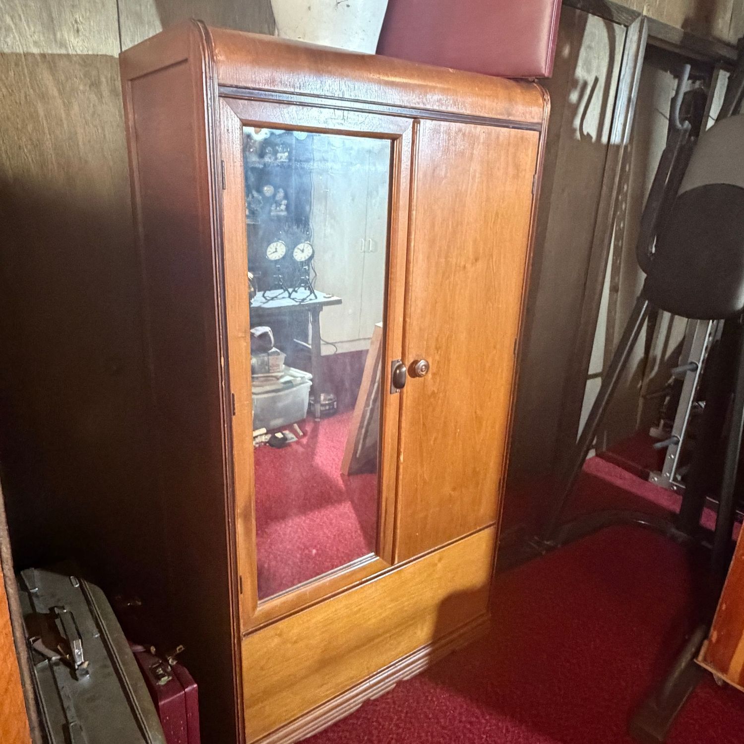 Tall vintage wardrobe with mirror, some wear, 65"H x 34"L x 19"D (This item is heavy and in the lower level)