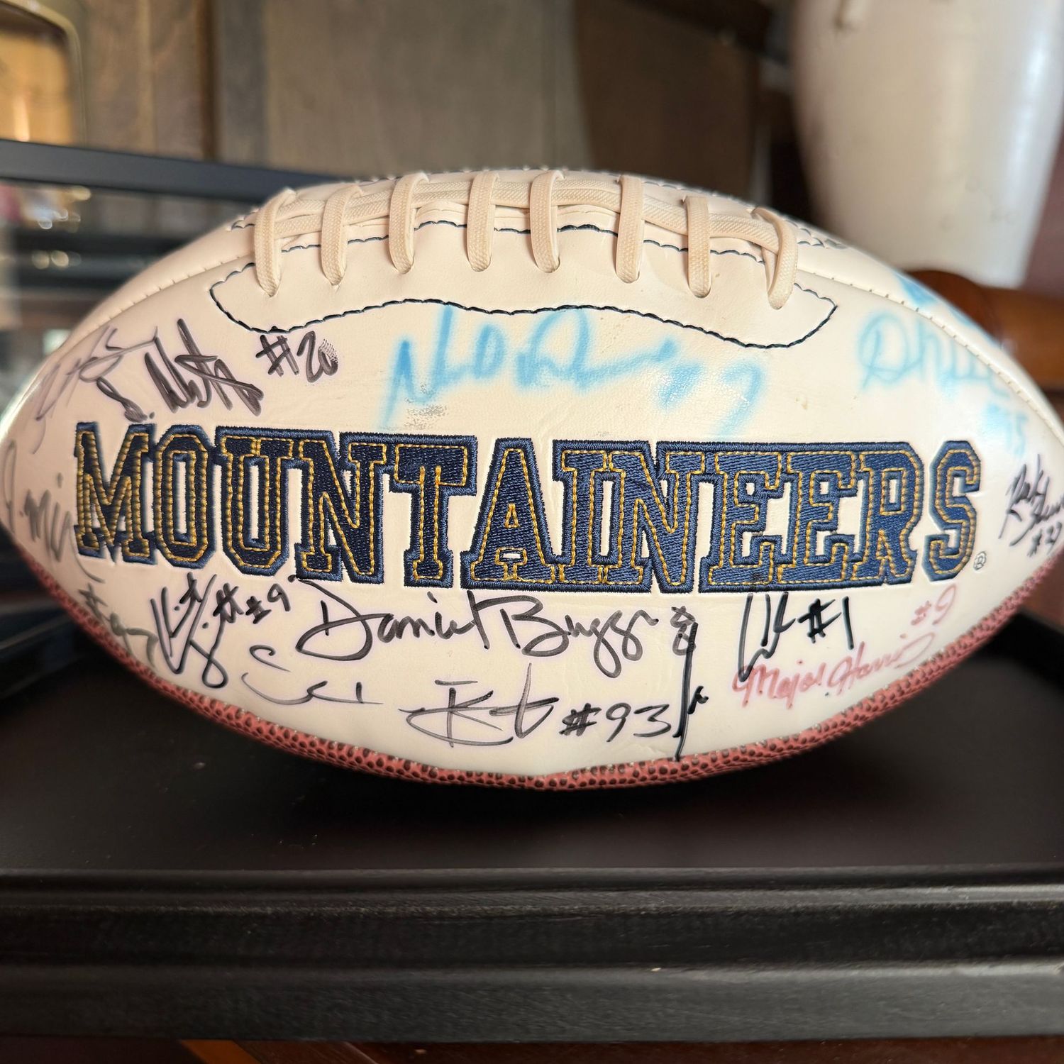 Football in case #1 WVU Mountaineers, multiple signatures including Rick Sherrod, Major Harris, Noel Devine,  Reggie Rembert, Robert Alexander, Darryl Talley & more