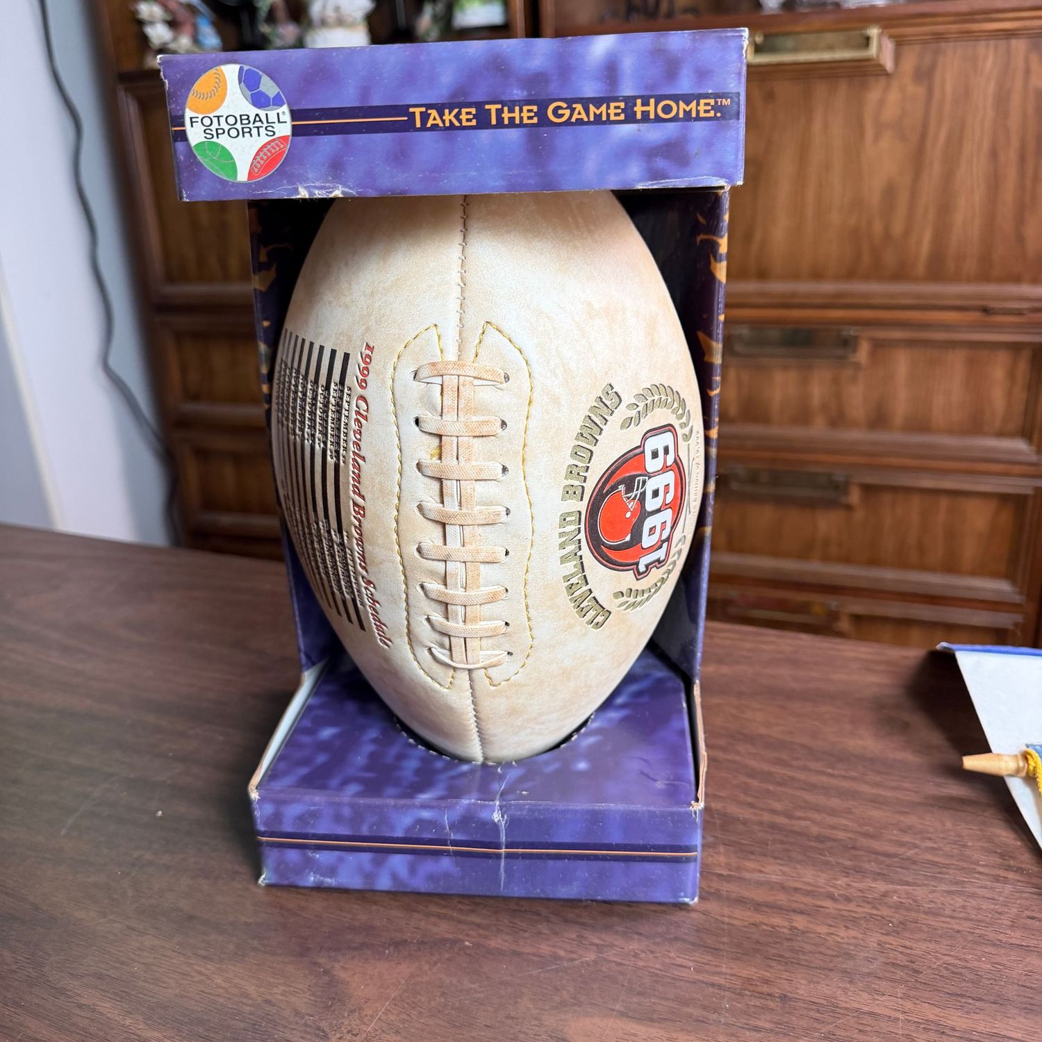 Cleveland Browns 1989 football in box, some discoloration