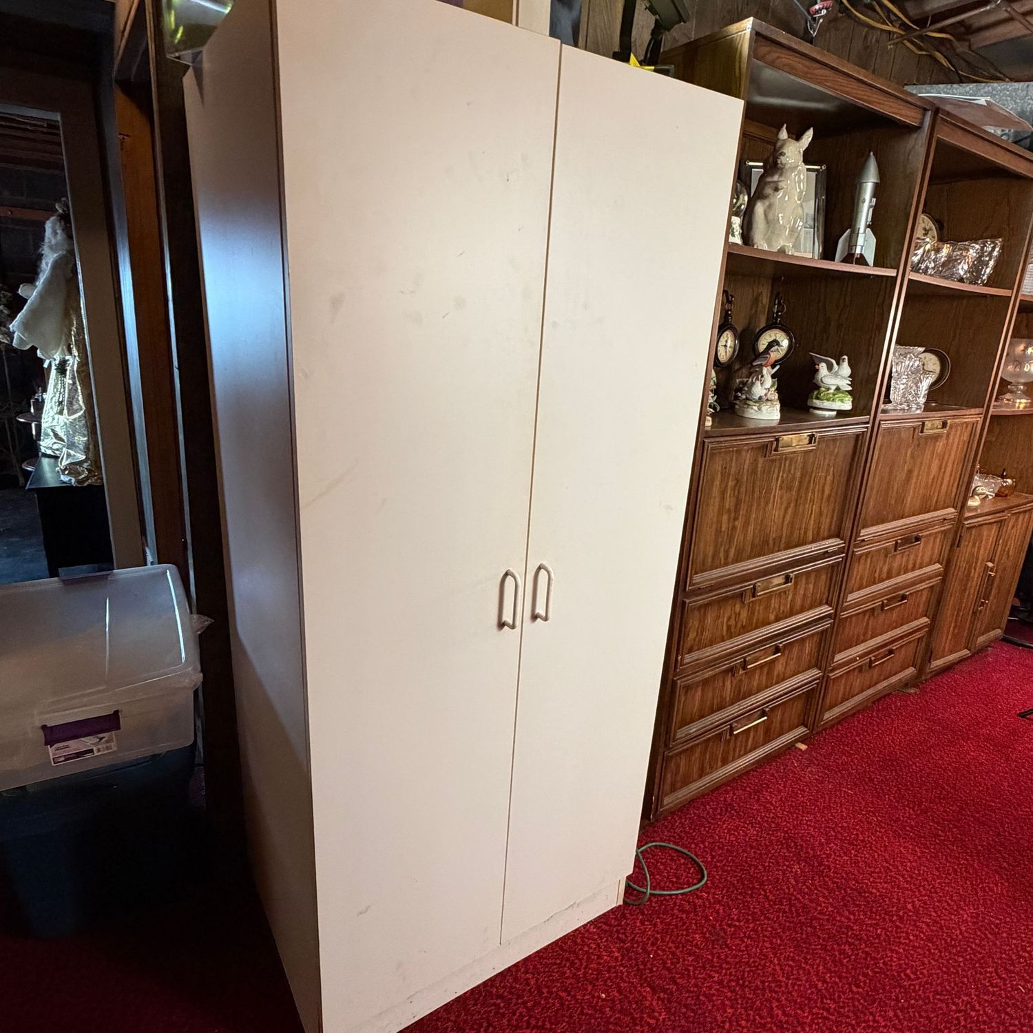 Tall white laminate 2-door cabinet wardrobe, some wear, very heavy, and in the lower level 70"H x 24"D x 31"W