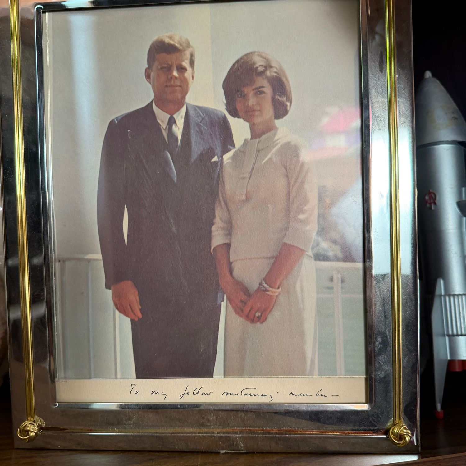 Framed John F. & Jacqueline Kennedy balcony photo, appears to have an inscription and signature