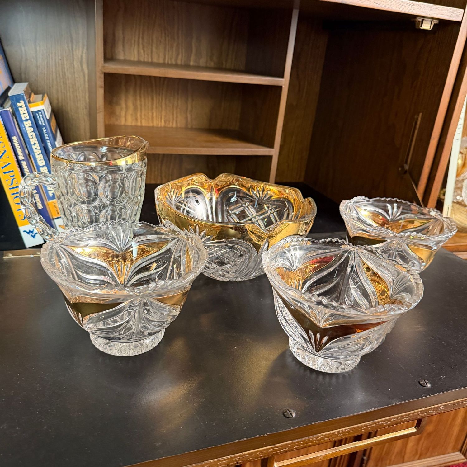 Group of Anna Hutte Bleikristall German 24% Lead Crystal Bowls with gold accents, the largest is 9", plus a small crystal pitcher