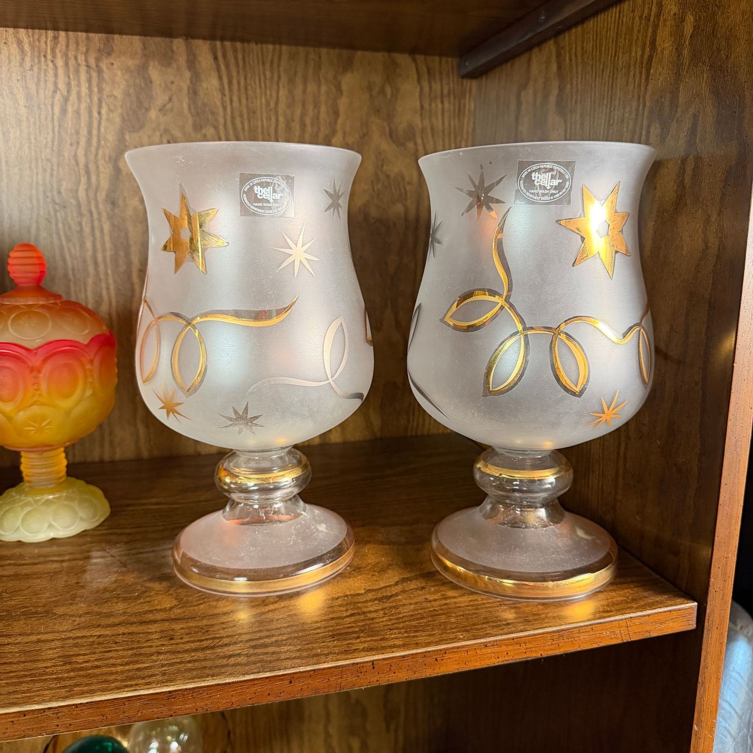 Pair of Czech frosted glass pillar candle holders, The Cellar, 10"H