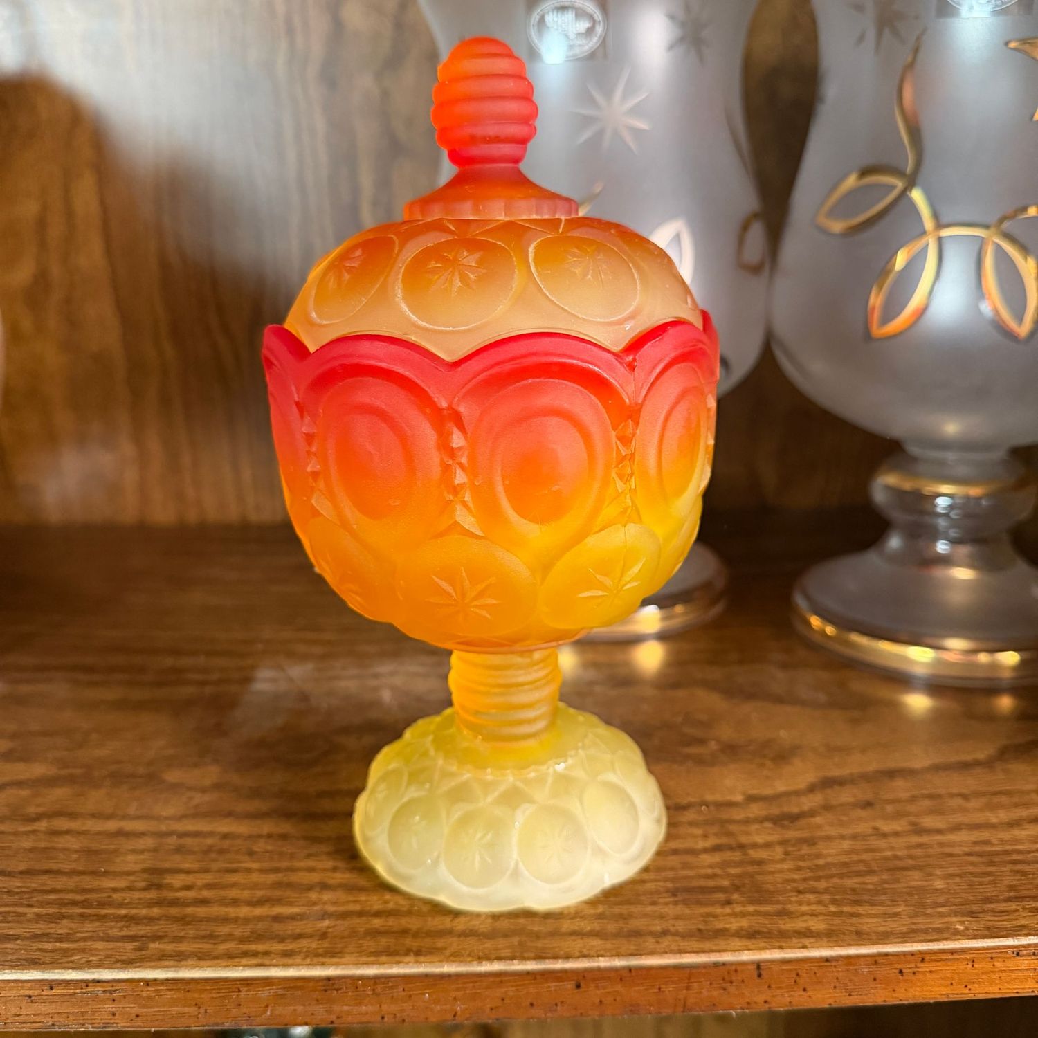 Kanawha Glass frosted amberina compote, 8"H