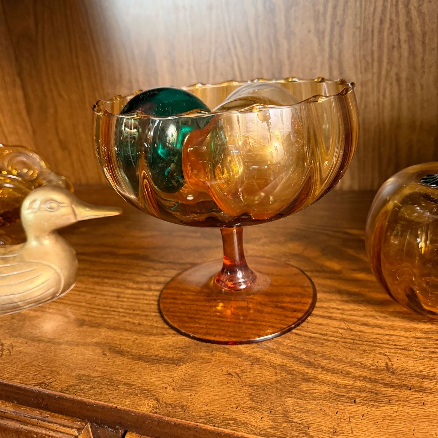 Vintage amber Empoli compote with glass balls