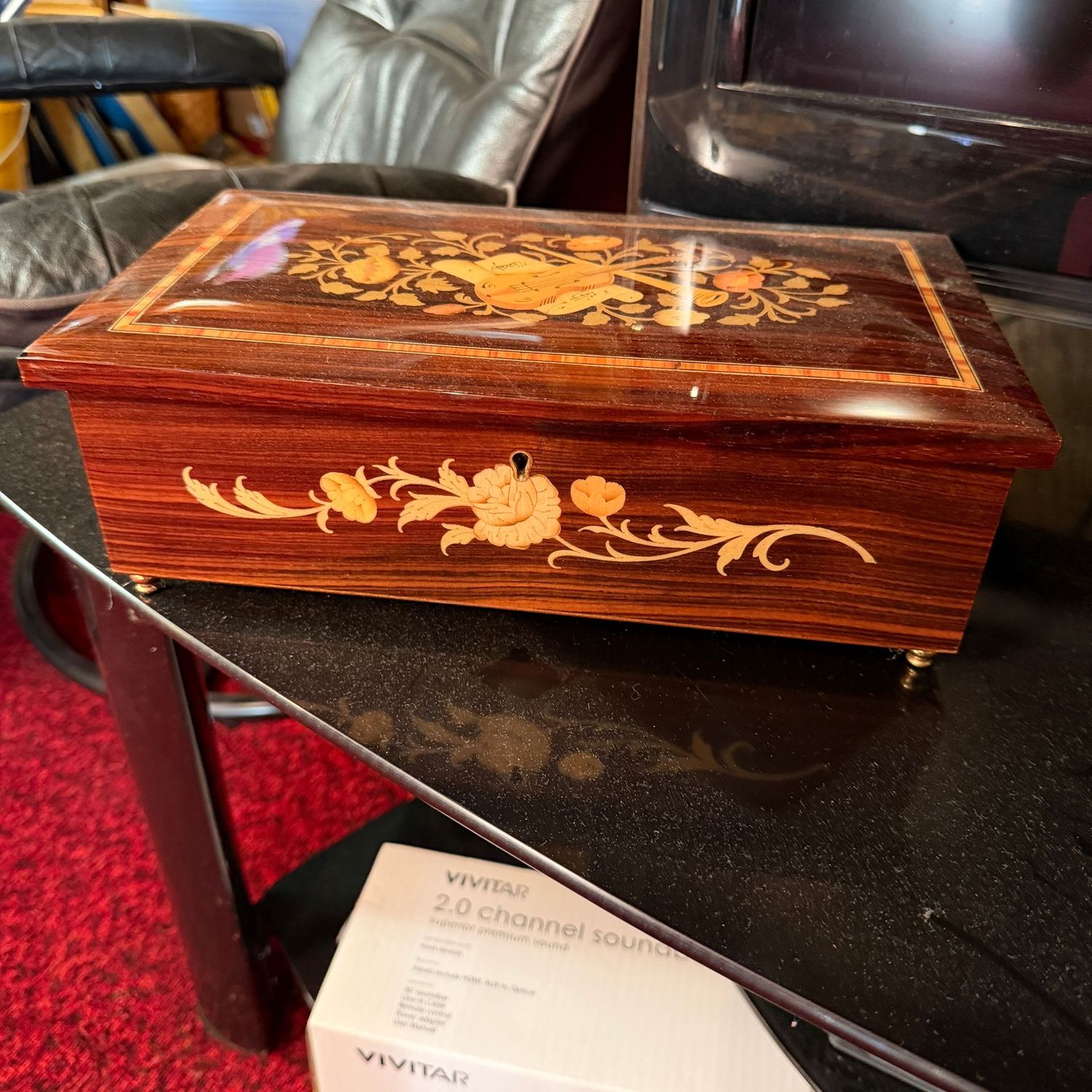 Inlaid wood jewelry musical box (Italy), plays Swan Lake, no key, 12"L