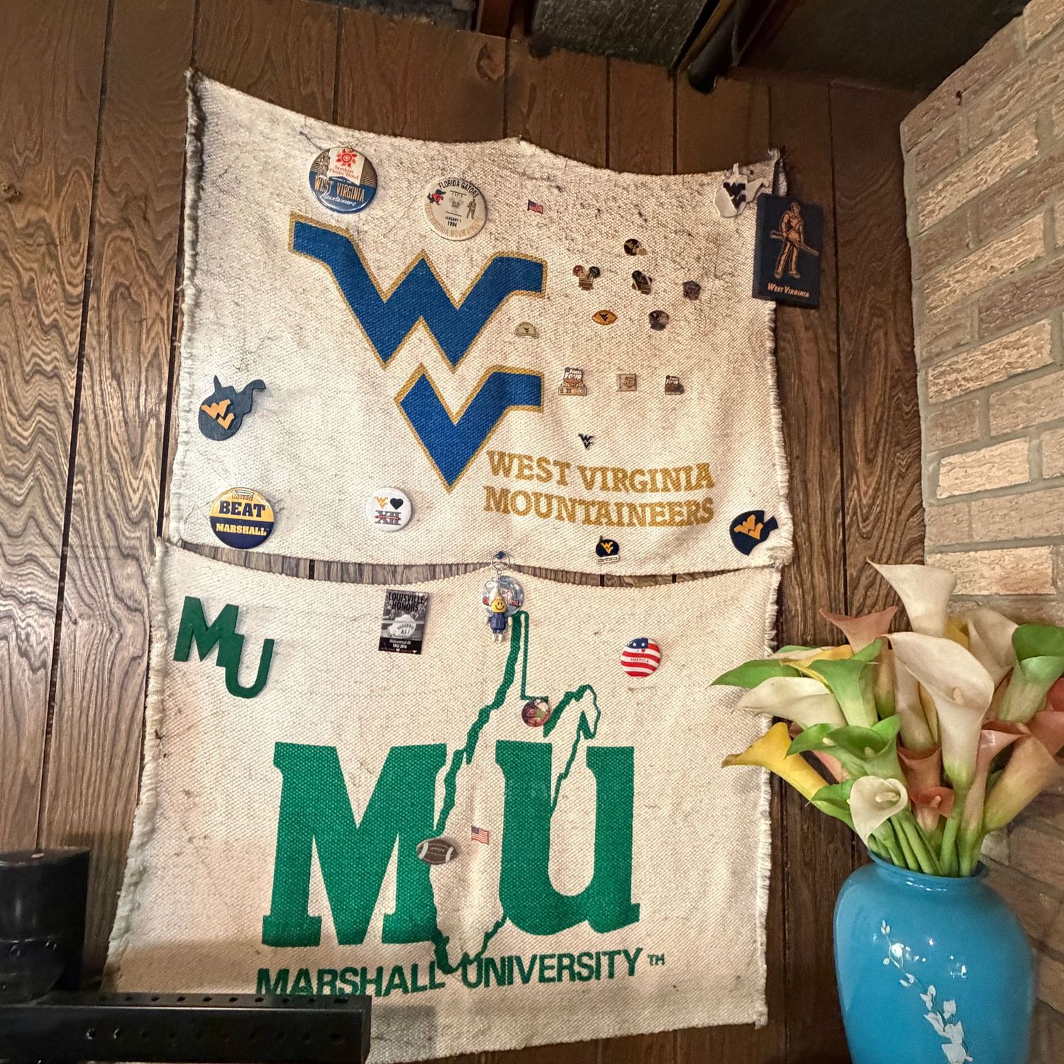 Two 30"W WVU and Marshall University woven banners with pins, both need some cleaning