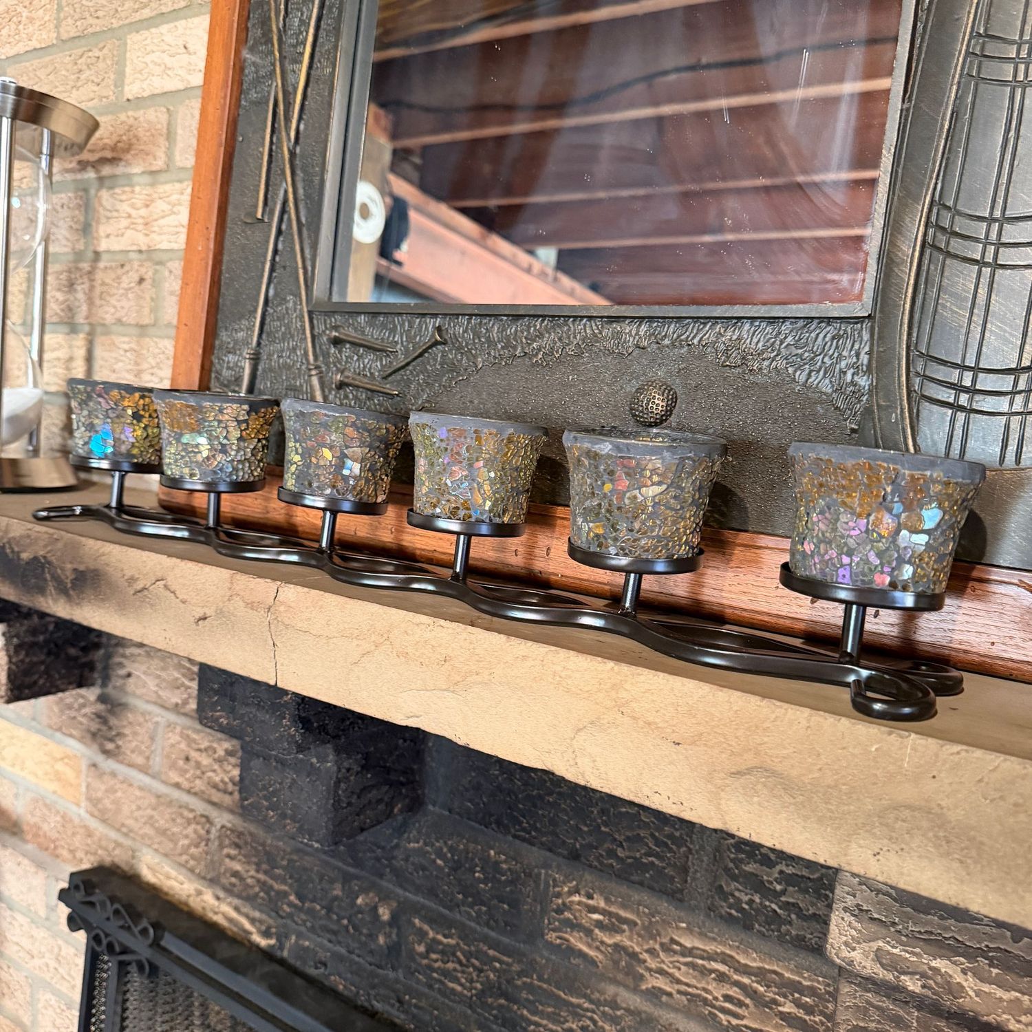 Six-cup votive holder with black metal base (on mantle), new, 3.5"H x 22"L