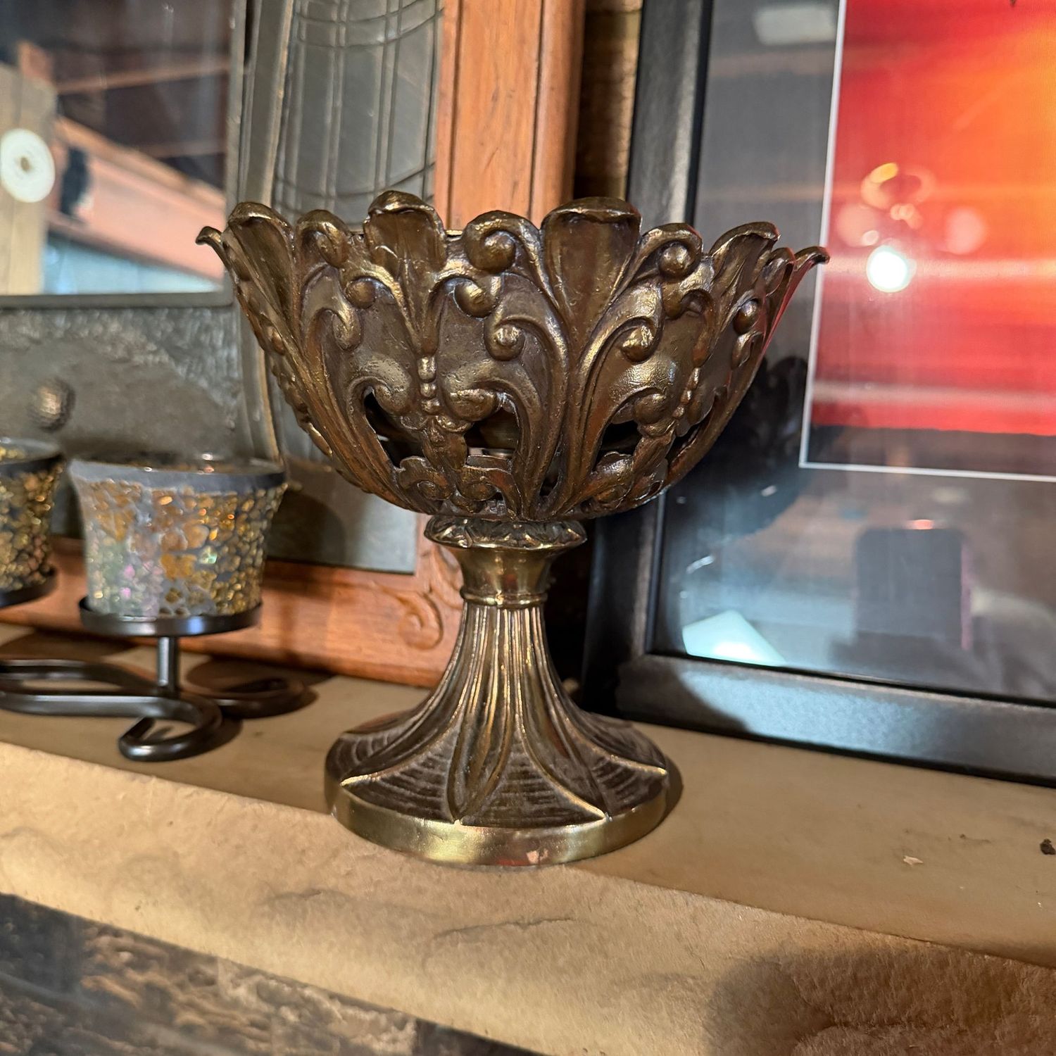 Cast brass compote/planter, 7"H