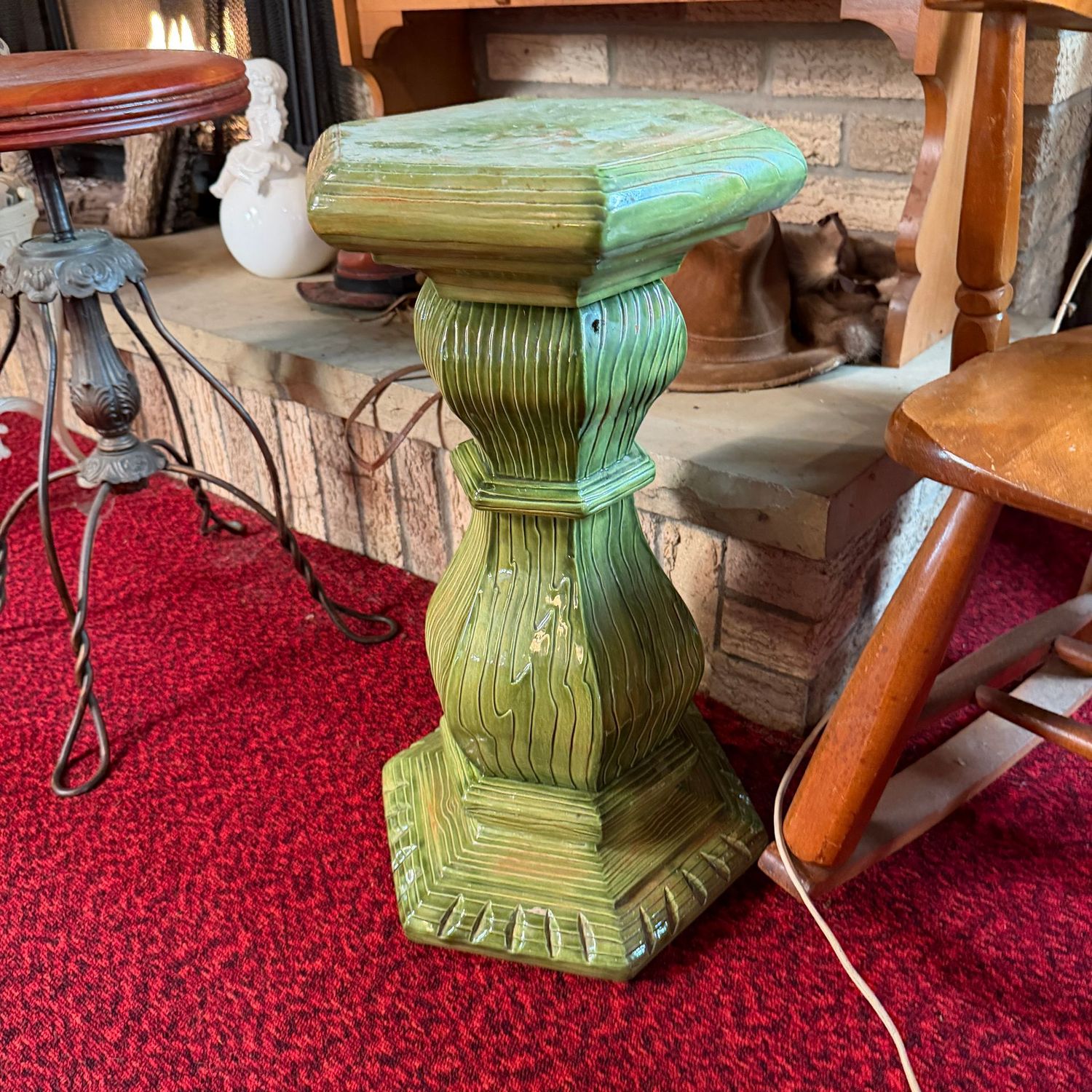 Large two-piece green ceramic pedestal, 22"H x 11"W