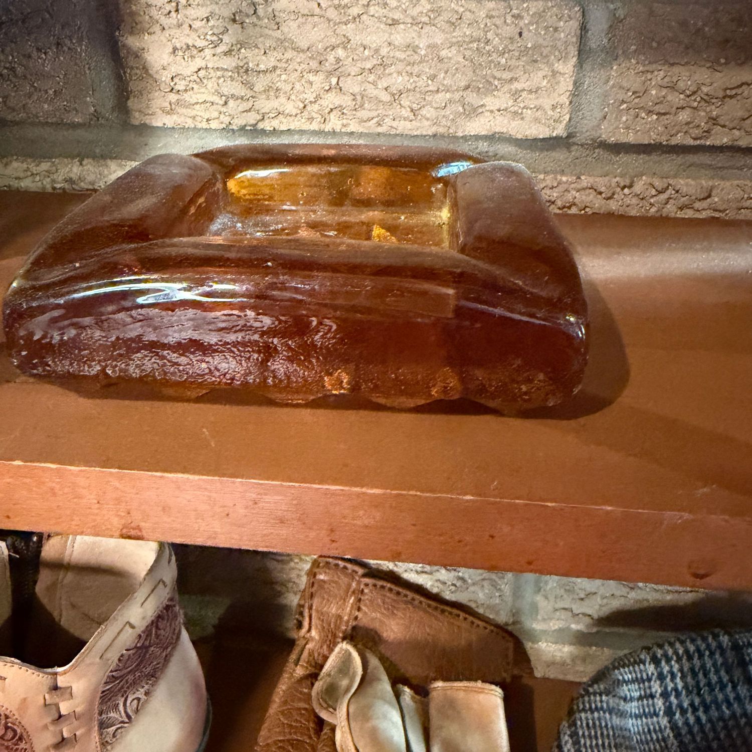 Vintage amber glass (likely Blenko) ashtray with waffle pattern base, some wear, 5"W