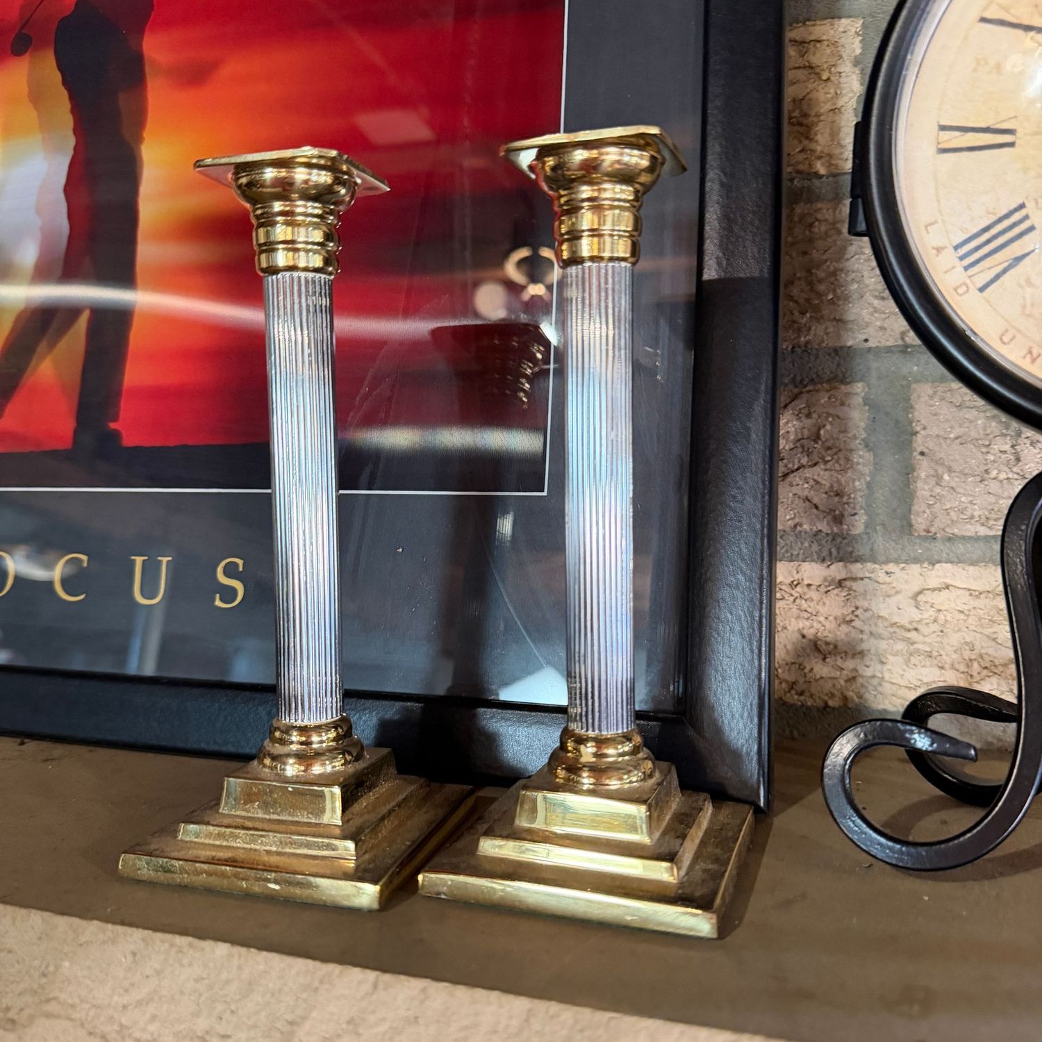 Valsan brass candlesticks, fluted silver-tone pillar, 8"H