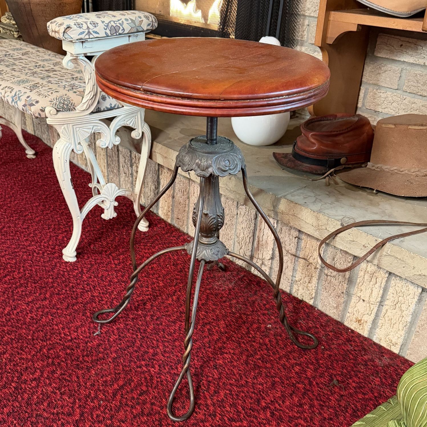 Piano/organ stool with wooden seat (minor split) and twisted iron legs, 21"H x 14"W