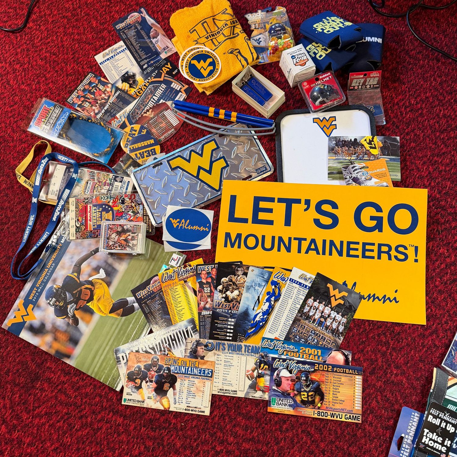 Sports Memorabilia Lot F, including calendars, banner, sticker, license plate, bowl tickets, buttons, stickers & more