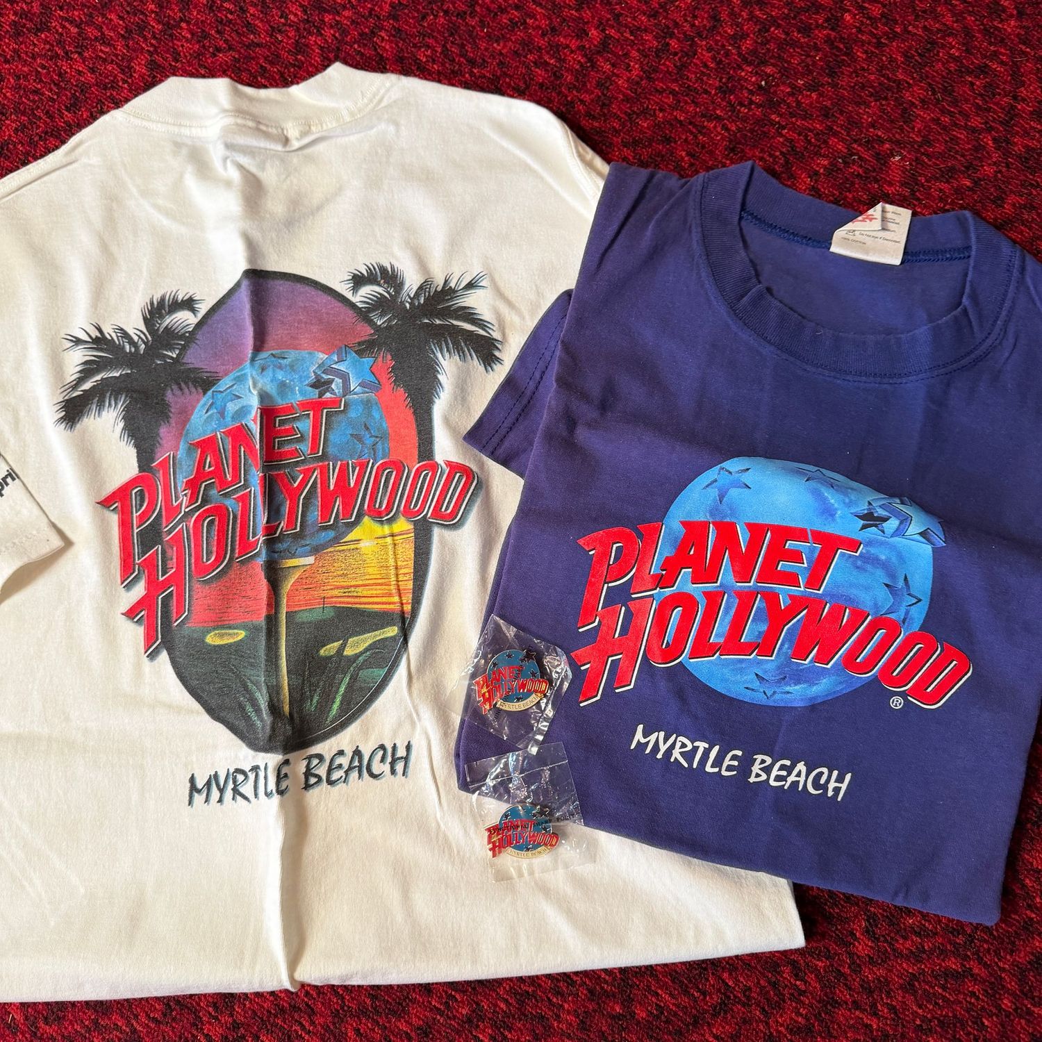 Two Planet Hollywood Myrtle Beach t-shirts size L, two pins