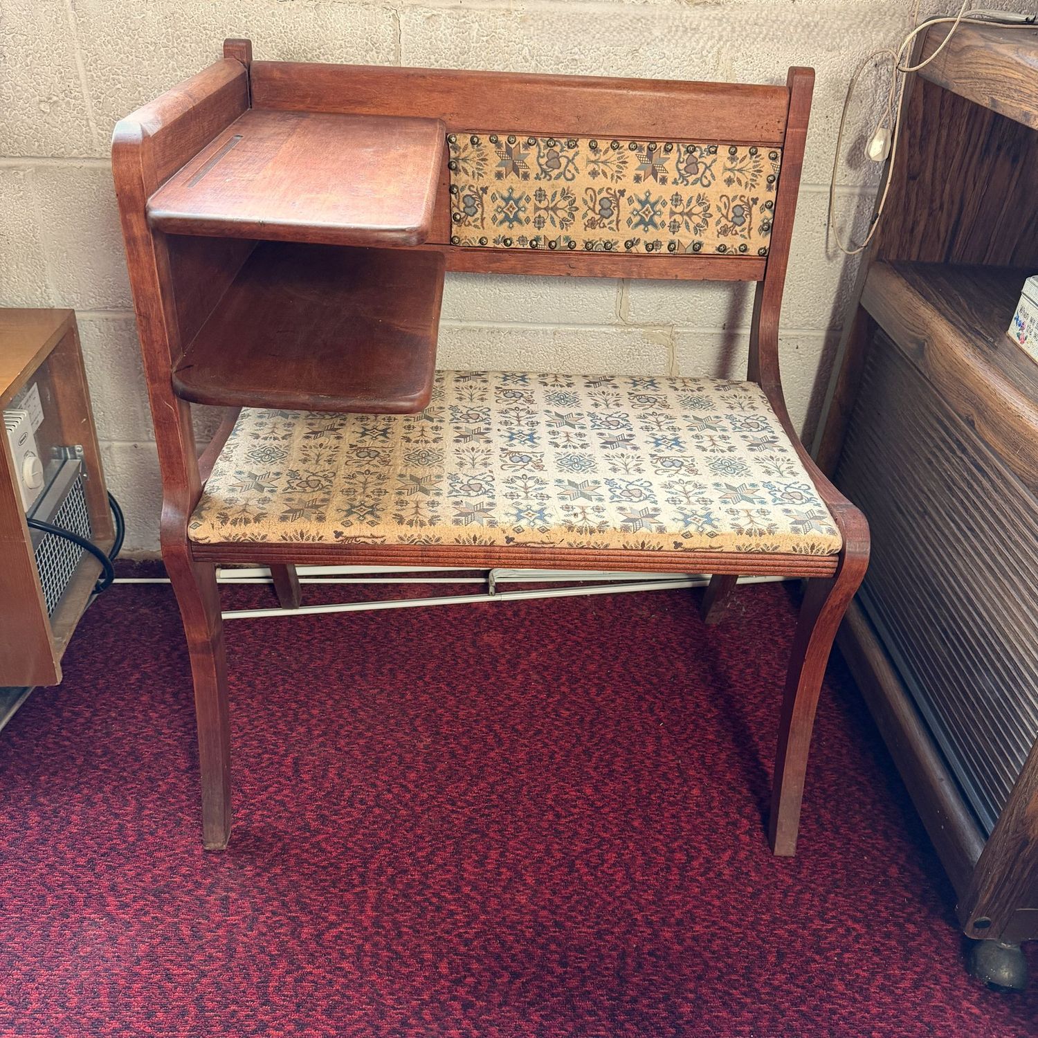 Vintage telephone gossip chair, mild wear, 27"H x 27"L x 19"D
