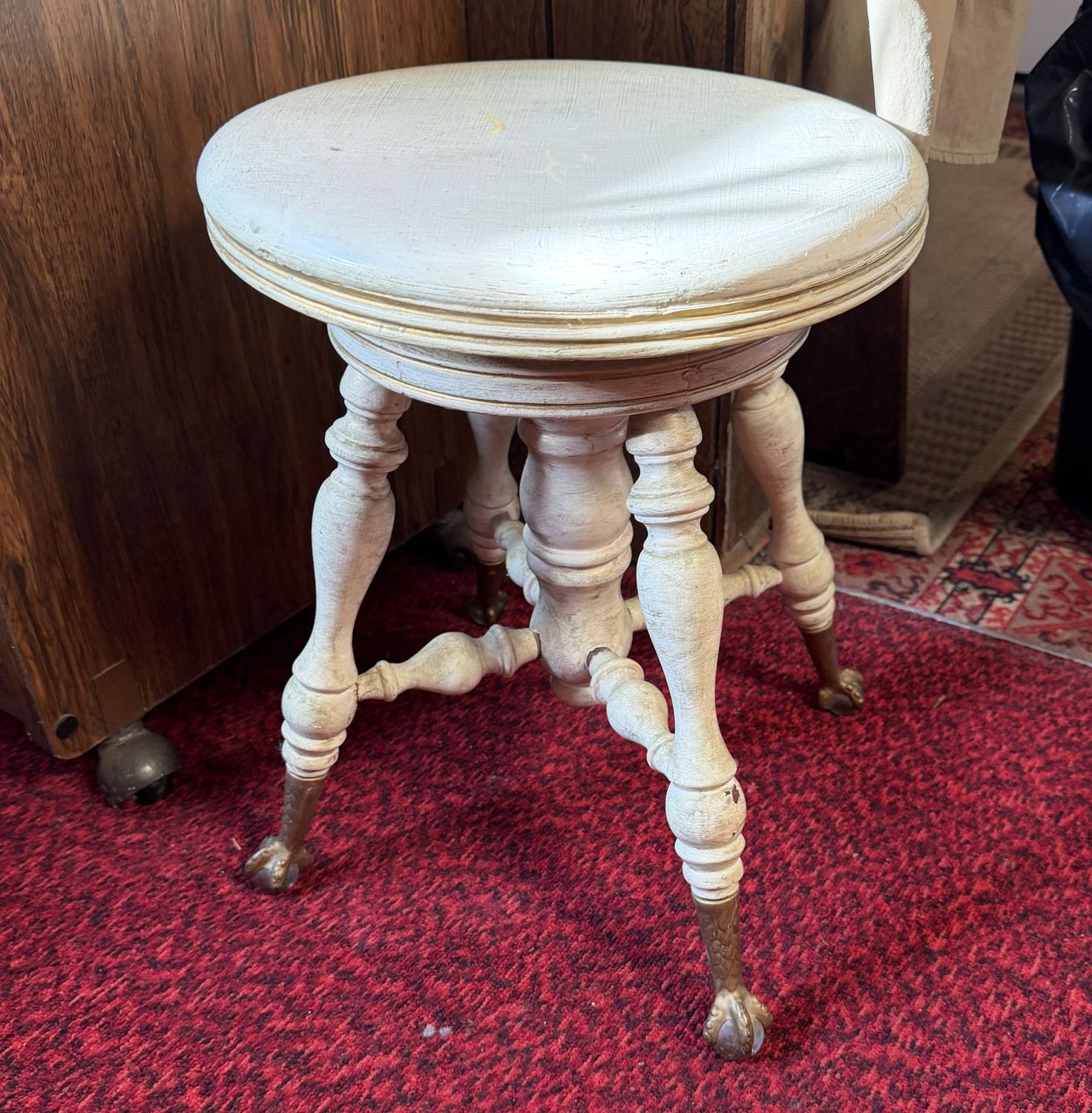 Piano/organ stool, swivels, painted finish, very sturdy, ball-in-claw foot, 18"H x 14"W