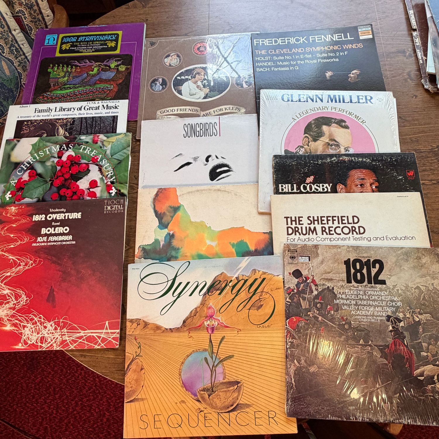 Group of albums, some wear, includes Christmas Treasury, Glenn Miller, and Tchaikovsky 1812