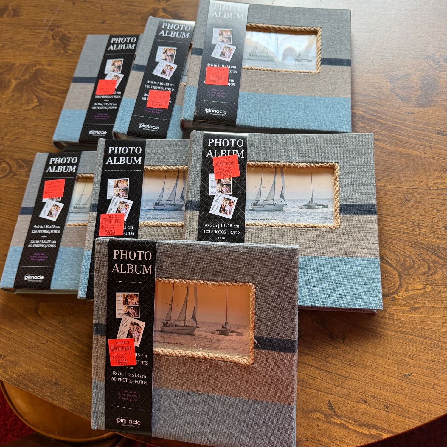 Group of 7 photo albums with rope-border cover picture window, some wear from storage but overall nice condition, each holds 120 4"x6" photos