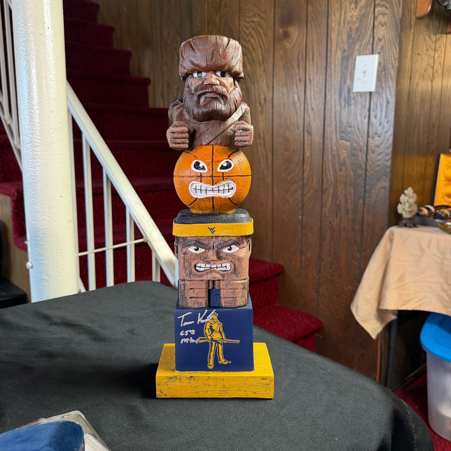 WVU Tiki Totem Basketball with autograph by 65th Mountaineer, Trevor Kiess, 16"H