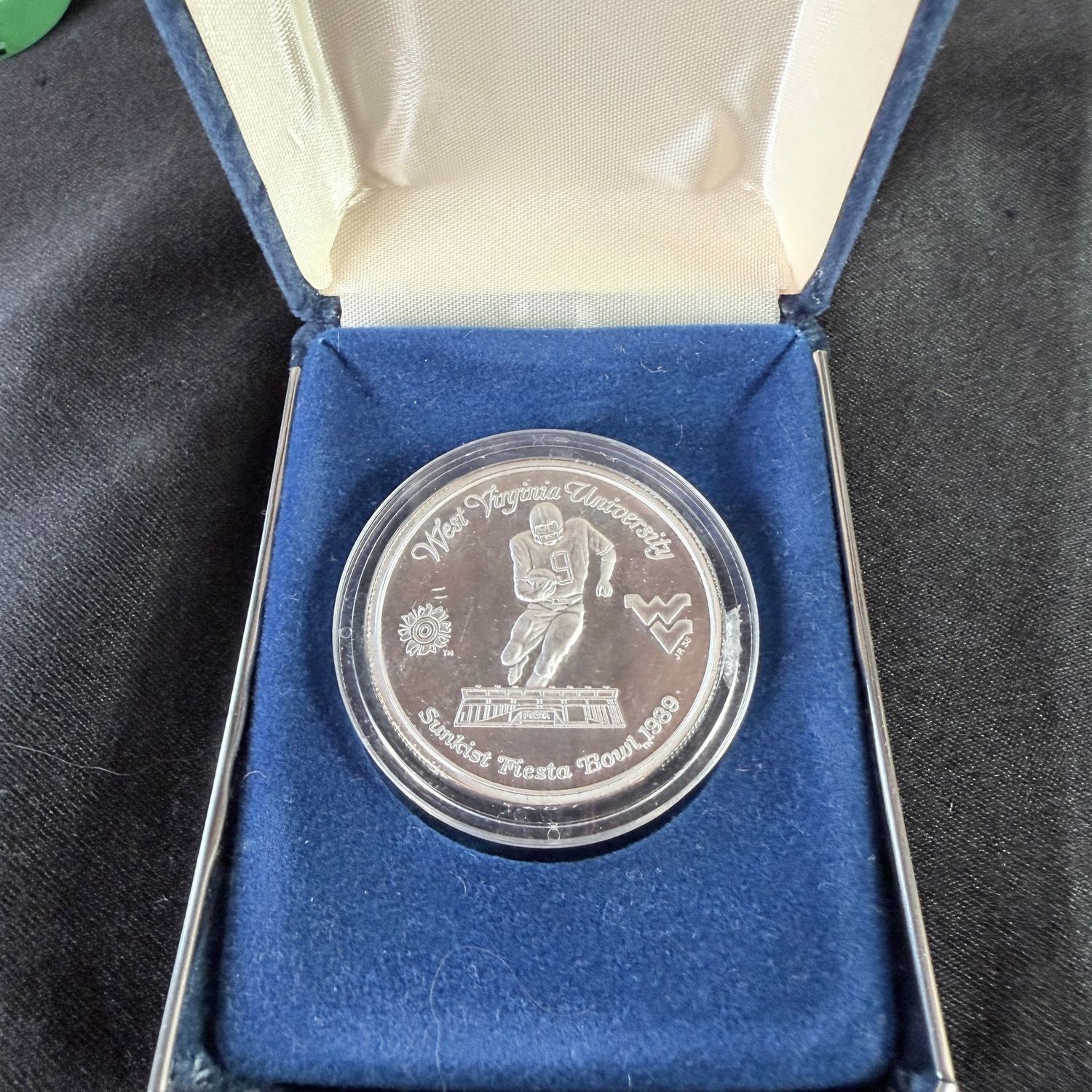 West Virginia University Sunkist Fiesta Bowl 1989 coin Mountaineers Forever Coin with case, silver (appears to be .999) numbered 1407